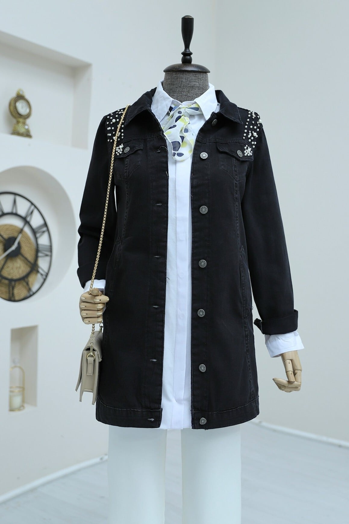 Stone Embellished Washed Denim Jacket - Black - Podyumplus - by Peralane
