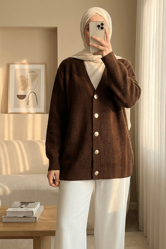 Women's Button-Front Textured Knit Cardigan - Brown - Podyumplus - by Peralane