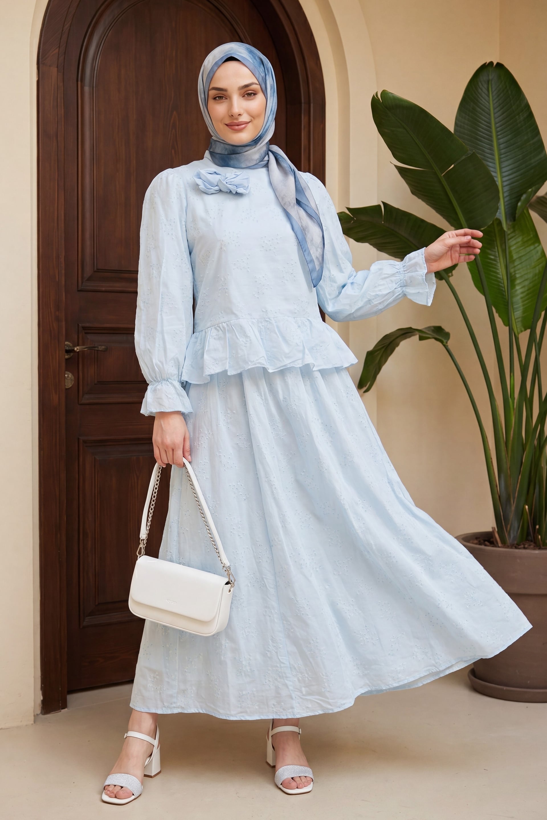 Rose Brooch Voile Two-Piece Set with Ruffled Skirt - Baby Blue - Podyumplus - by Peralane - photo 3