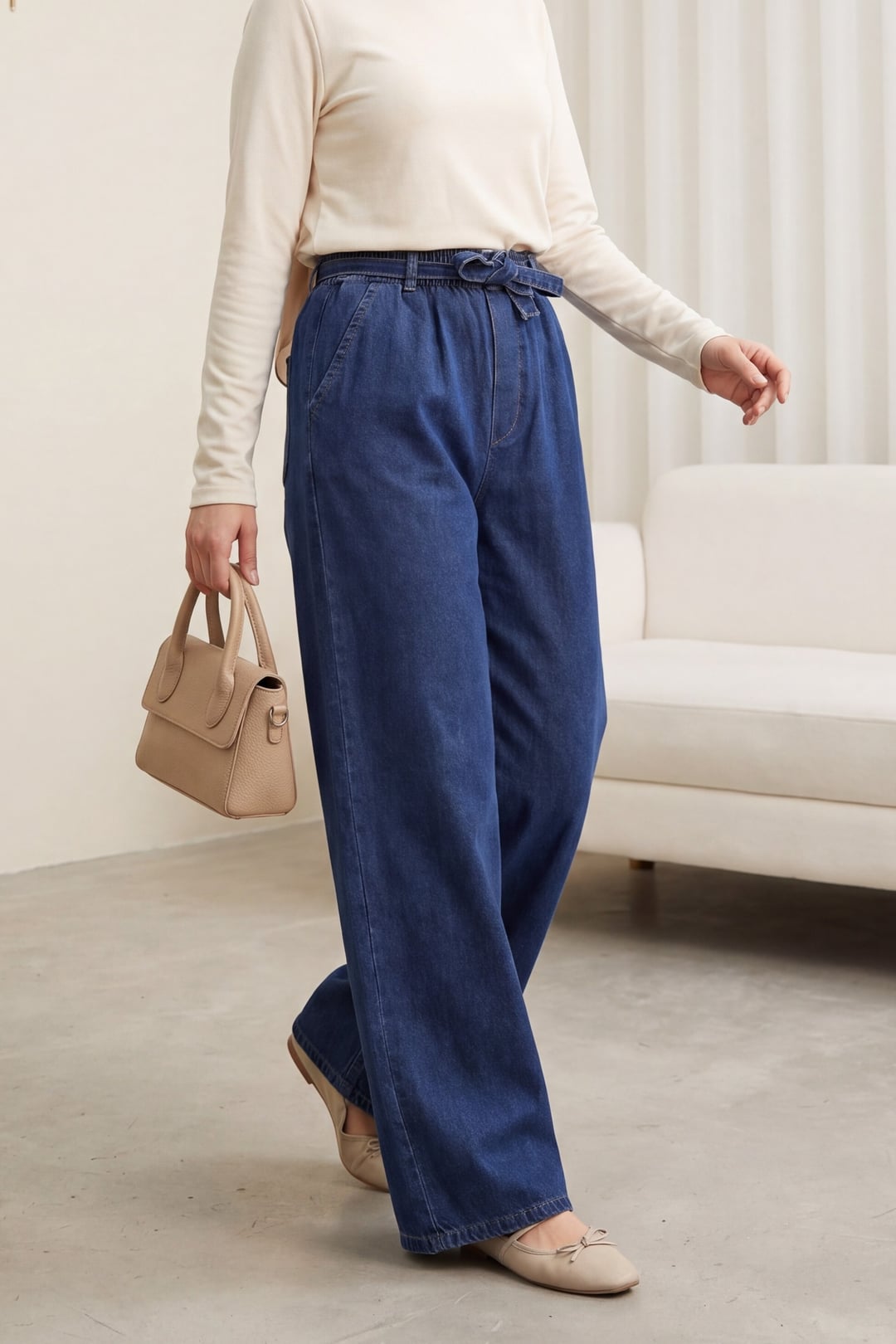 Wide-Leg Elasticated Waist Jeans with Belt - Indigo - Podyumplus - by Peralane