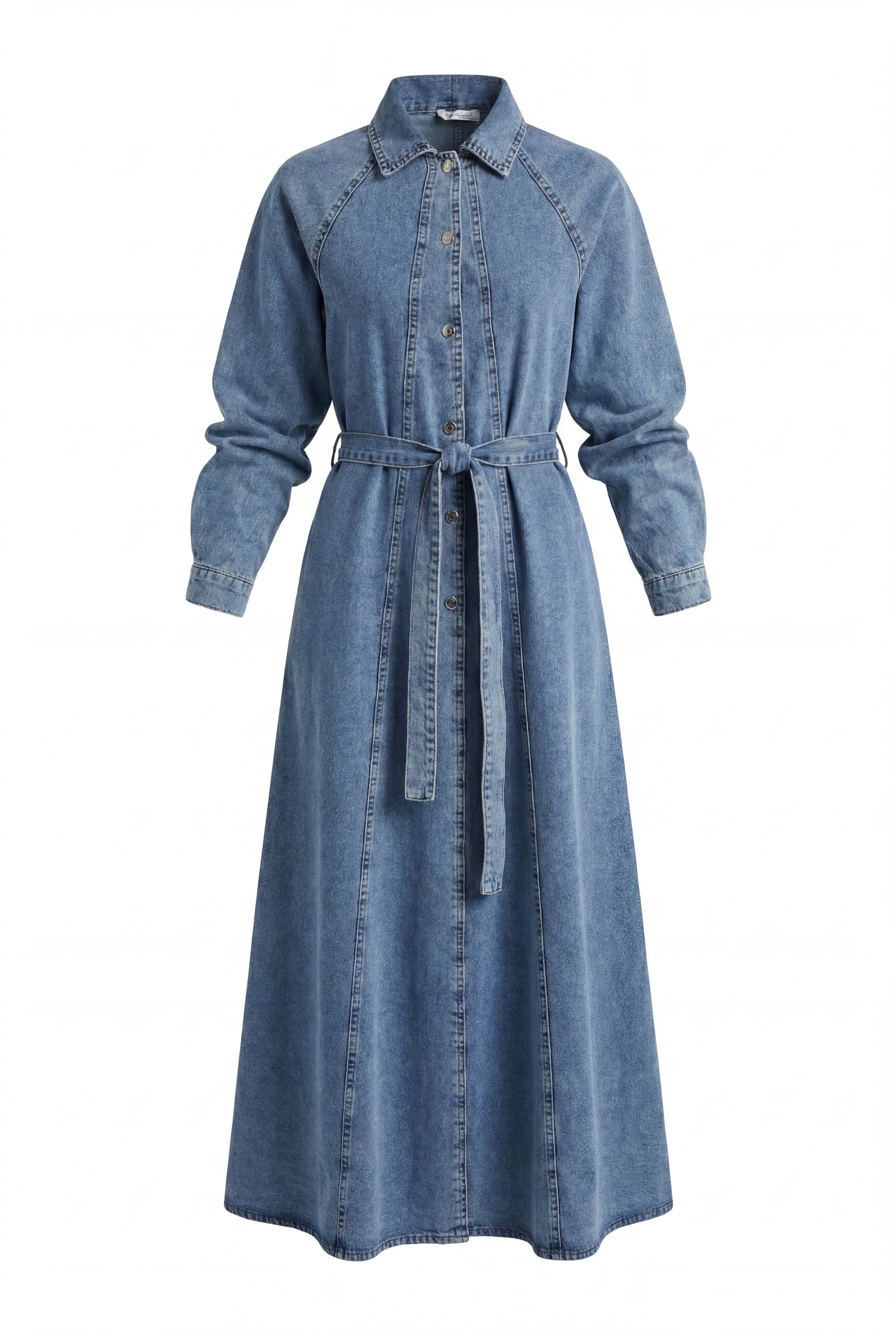 Long Denim Shirt Collar Dress with Belt - Ice Blue - Podyumplus - by Peralane - photo 5