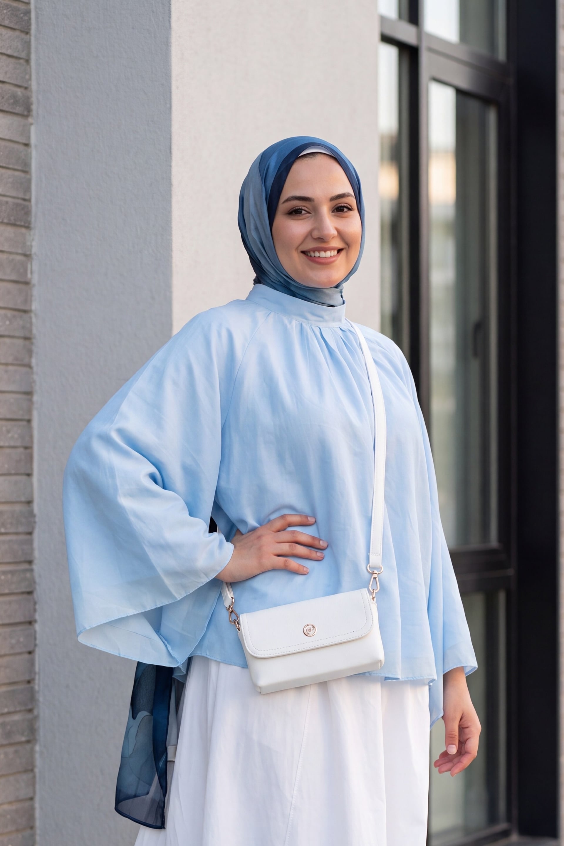 Notched Collar Spanish Sleeve Lined Voile Blouse - Baby Blue - Podyumplus - by Peralane - photo 3