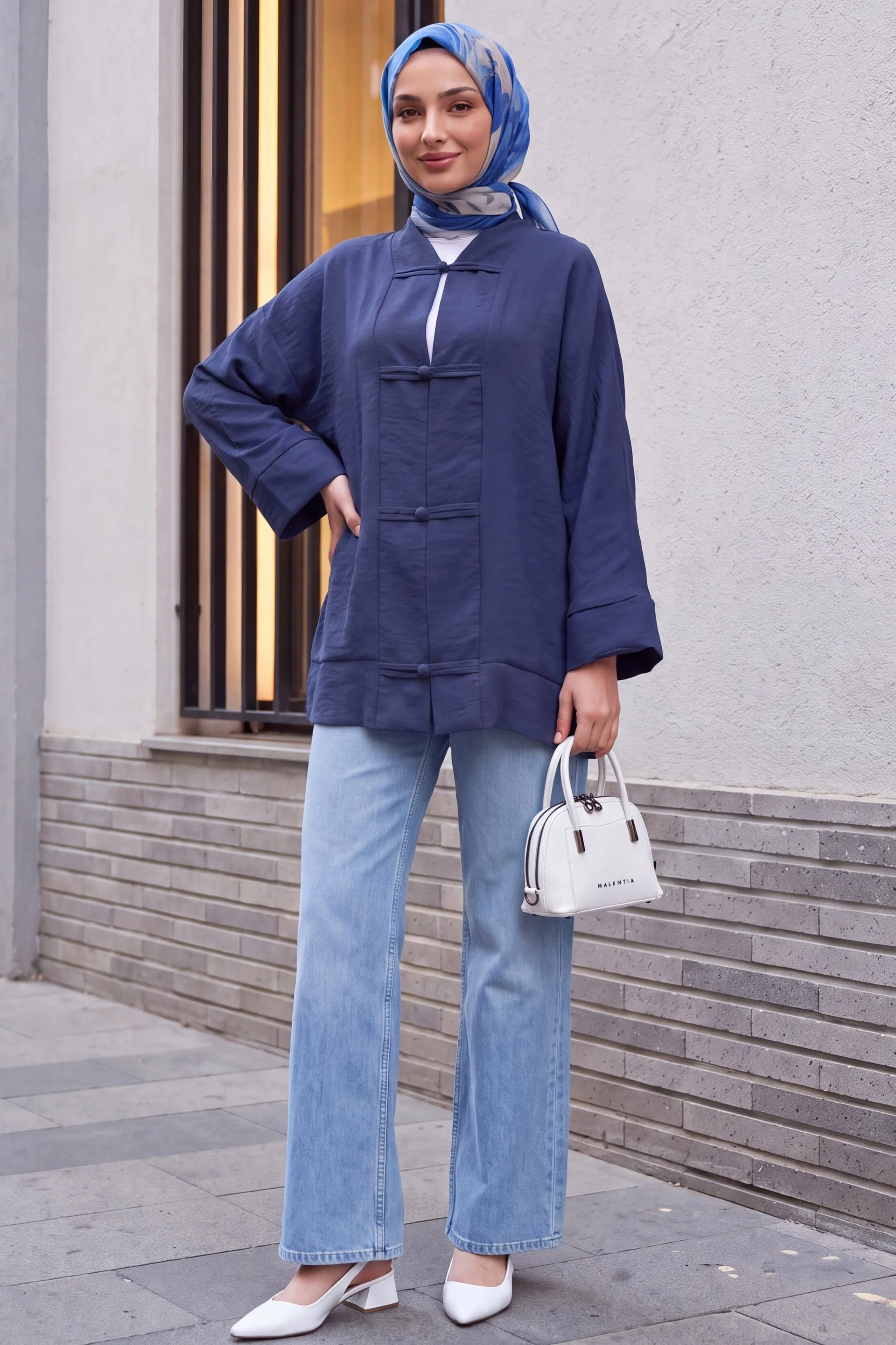 Bias-Button V-Neck Organza Voile Oversize Kimono - Navy - Podyumplus - by Peralane - photo 3