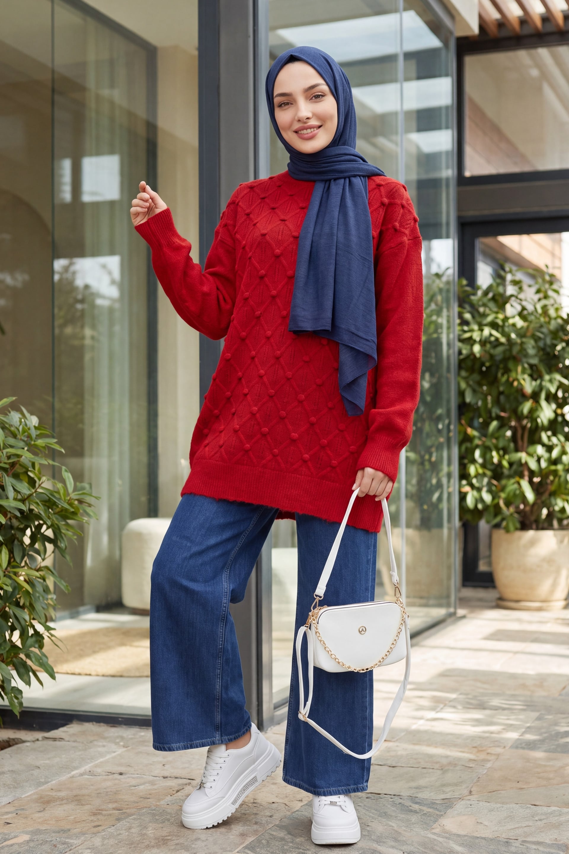Red Checkered Relaxed Knit Tunic with Bicycle Neck and Pom-Pom Details - Podyumplus - by Peralane - photo 3