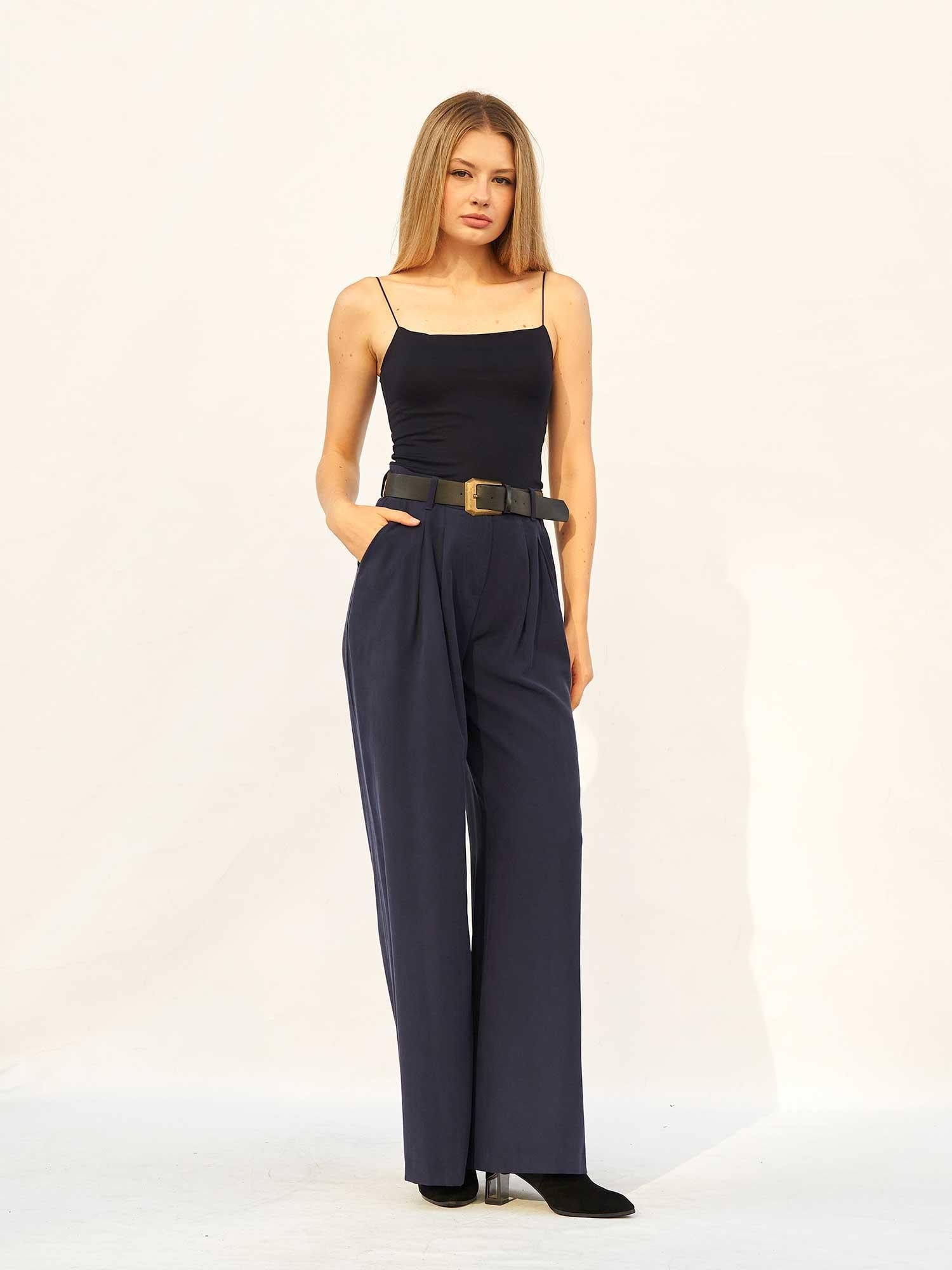 Navy Blue Belted Pleated Palazzo Trousers - Lefon - by Peralane - photo 6