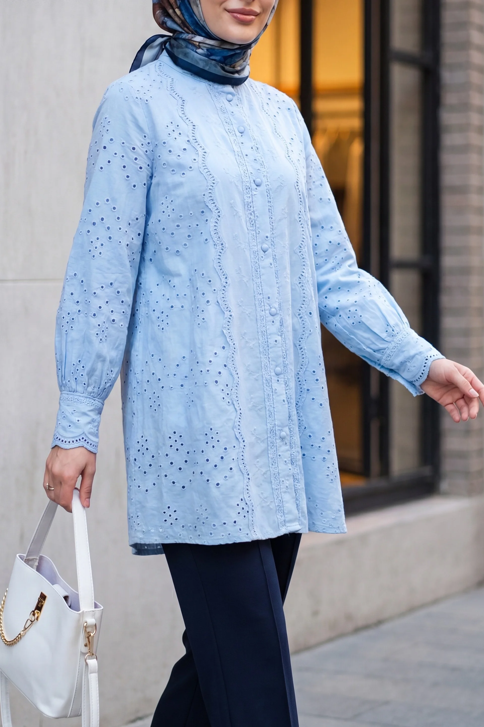 Light Blue Cotton Blouse with Eyelet and Lace Trim - Women's - Podyumplus - by Peralane