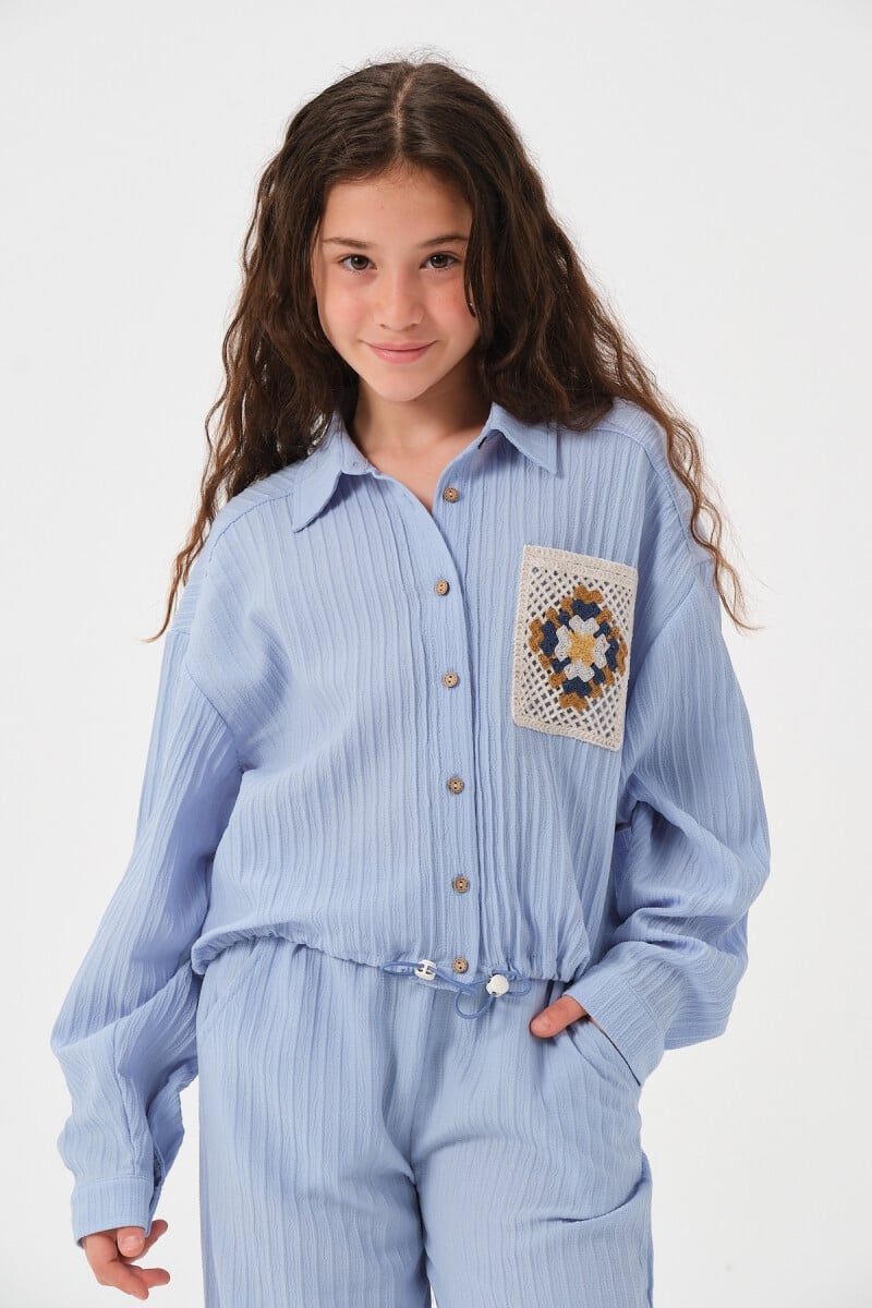 Girls' Long-Sleeve Shirt with Lace Pocket Detail and Matching Pants Set, Ages 8-15 - Jazziee - by Peralane