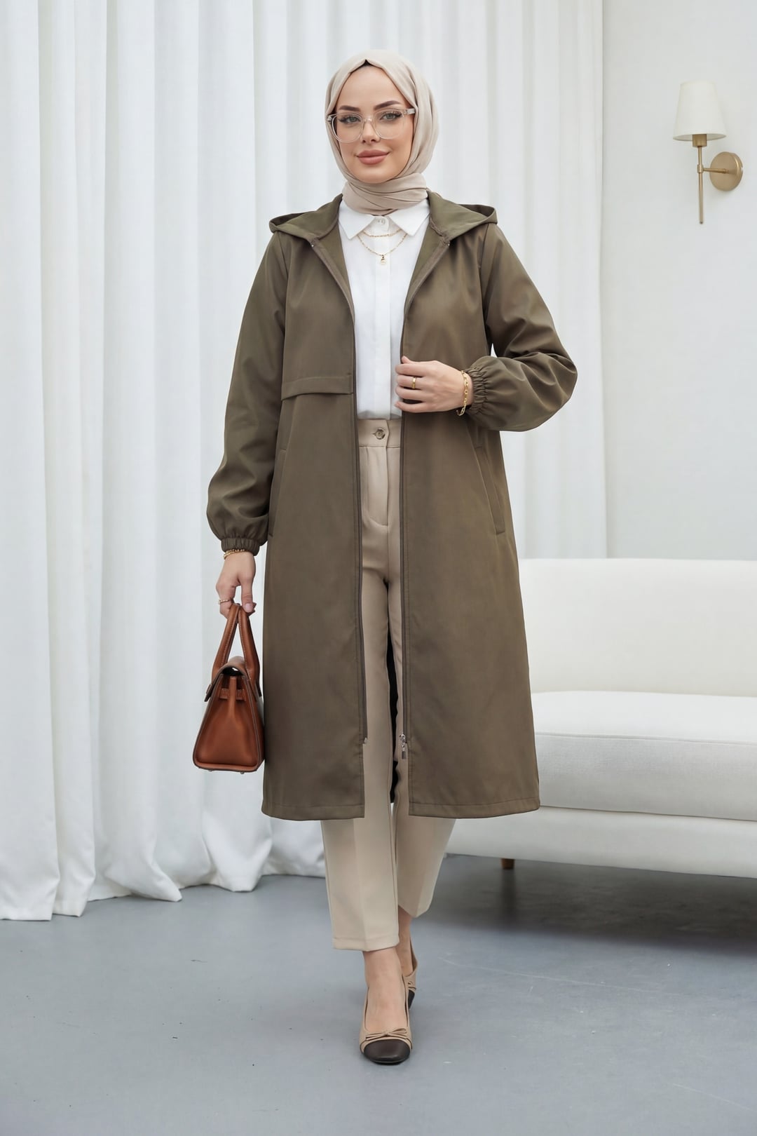 Women's Hooded Long Raincoat with Full Zip - Olive Green - Podyumplus - by Peralane - photo 4
