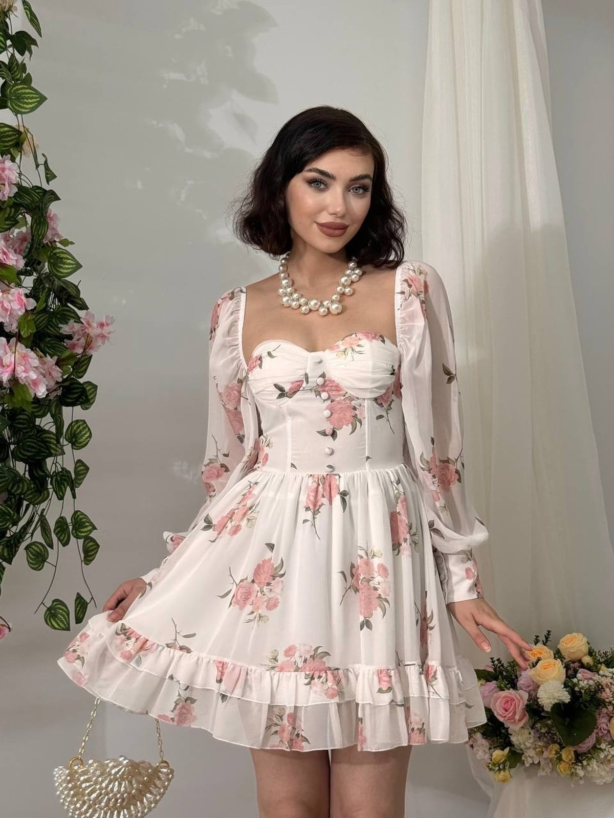 Women's White Floral Print Mini Dress with Sheer Puff Sleeves - Etika - by Peralane - photo 2