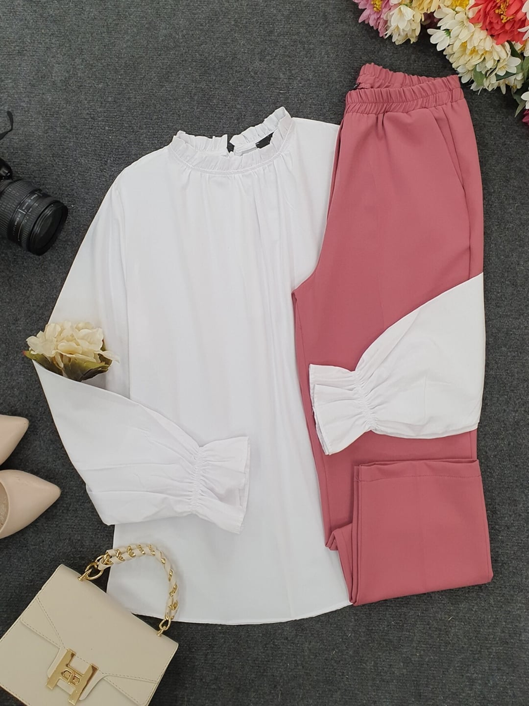 White Ruffled Poplin Blouse and Pleated Skirt Set - Podyumplus - by Peralane - photo 4