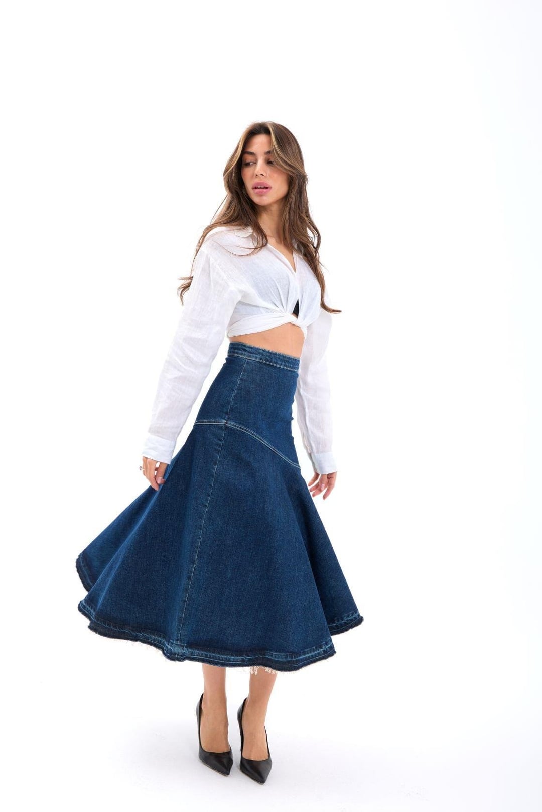 6490 Denim Flared Midi Skirt in Dark Blue - Fame - by Peralane - photo 5