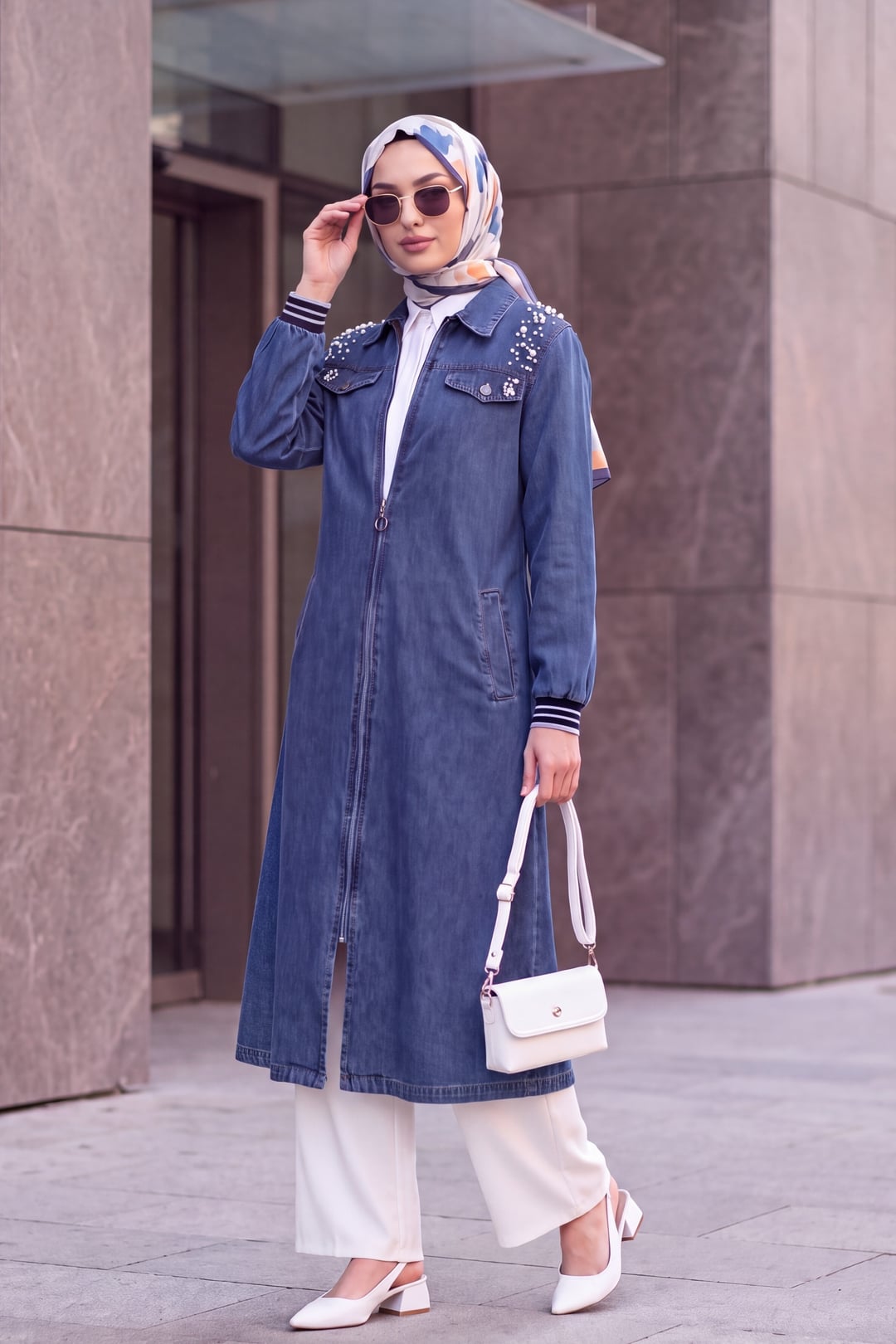 Pearl Shoulder Zip-Up Long Denim Coat - Indigo - Podyumplus - by Peralane - photo 2