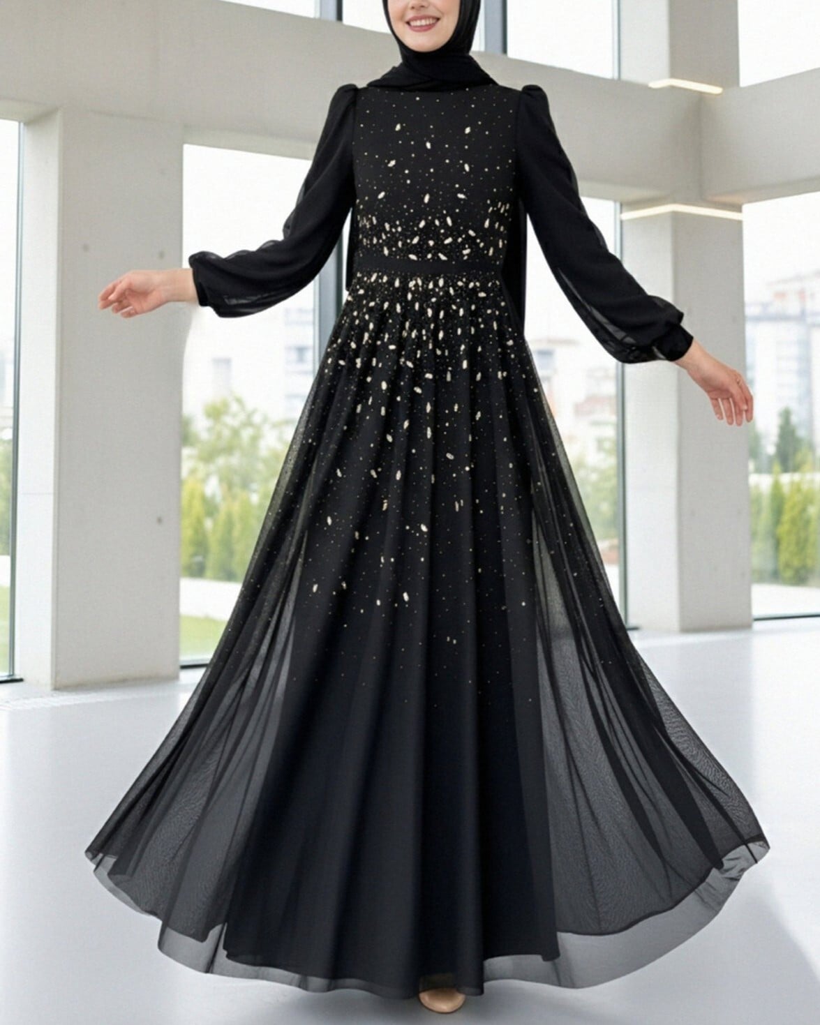 Black Long-Sleeve Evening Dress with Gold Fleck Print - Podyumplus - by Peralane - photo 6