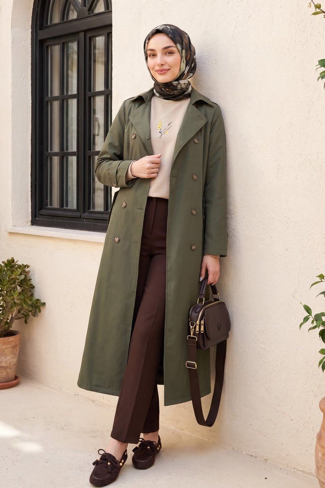 Double-Breasted Belted Trench Coat - Olive Green - Podyumplus - by Peralane - photo 6