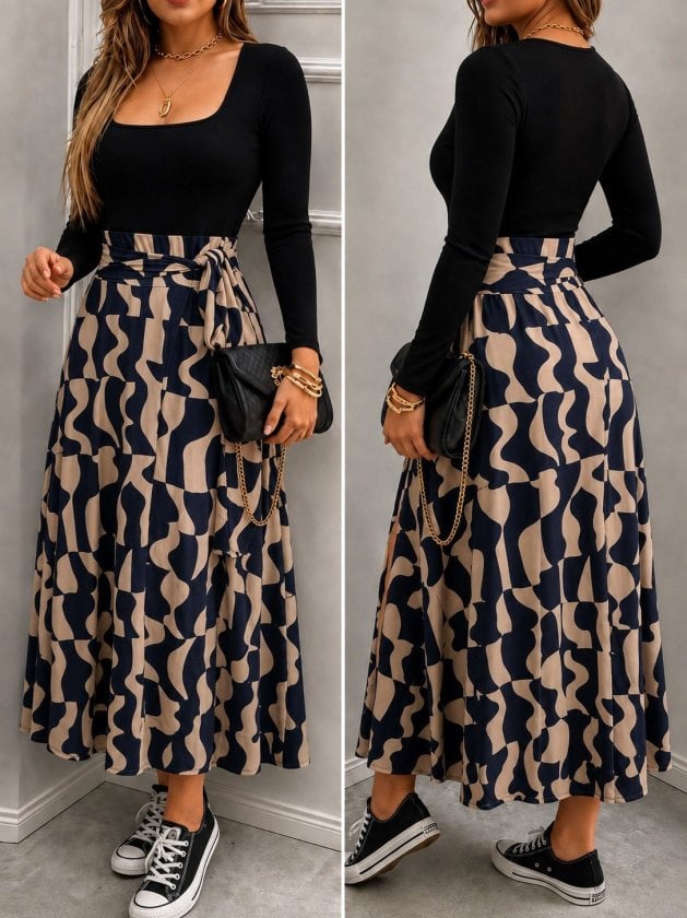 Women's Long-Sleeve Square Neck Ribbed Top and Printed Midi Skirt Set - Janes - by Peralane