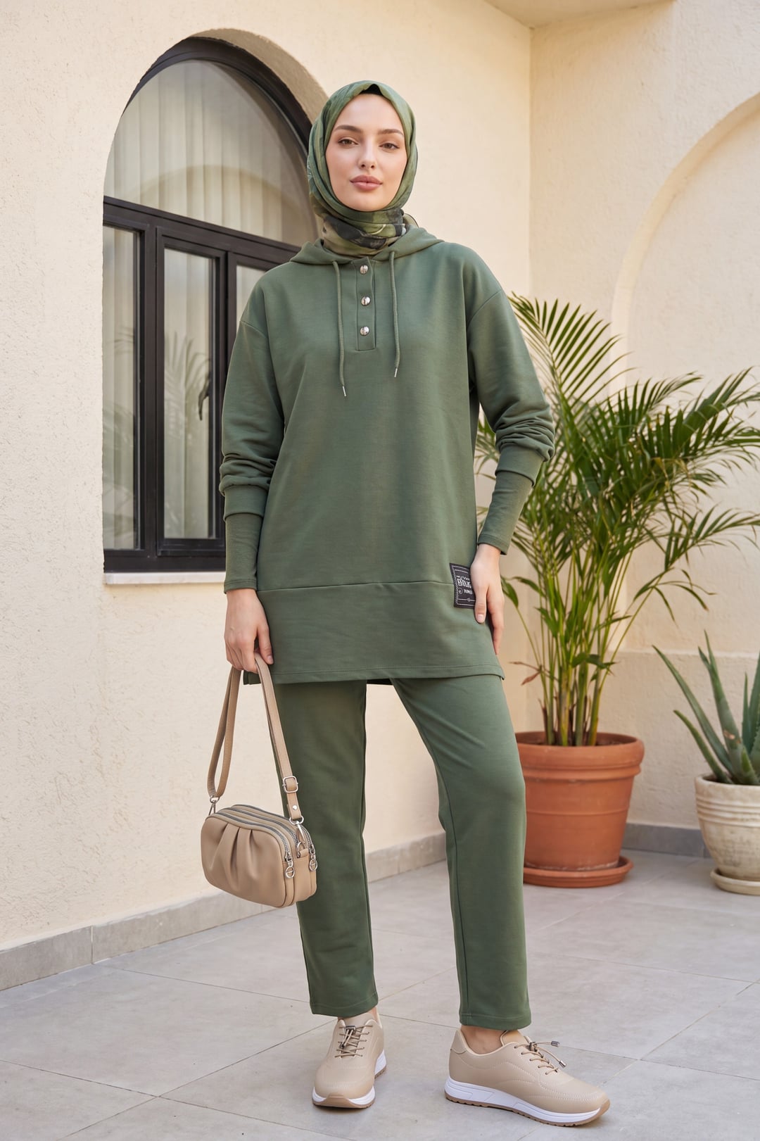Button-Up Hooded Two-Piece Cotton Set in Olive Green - Podyumplus - by Peralane - photo 3