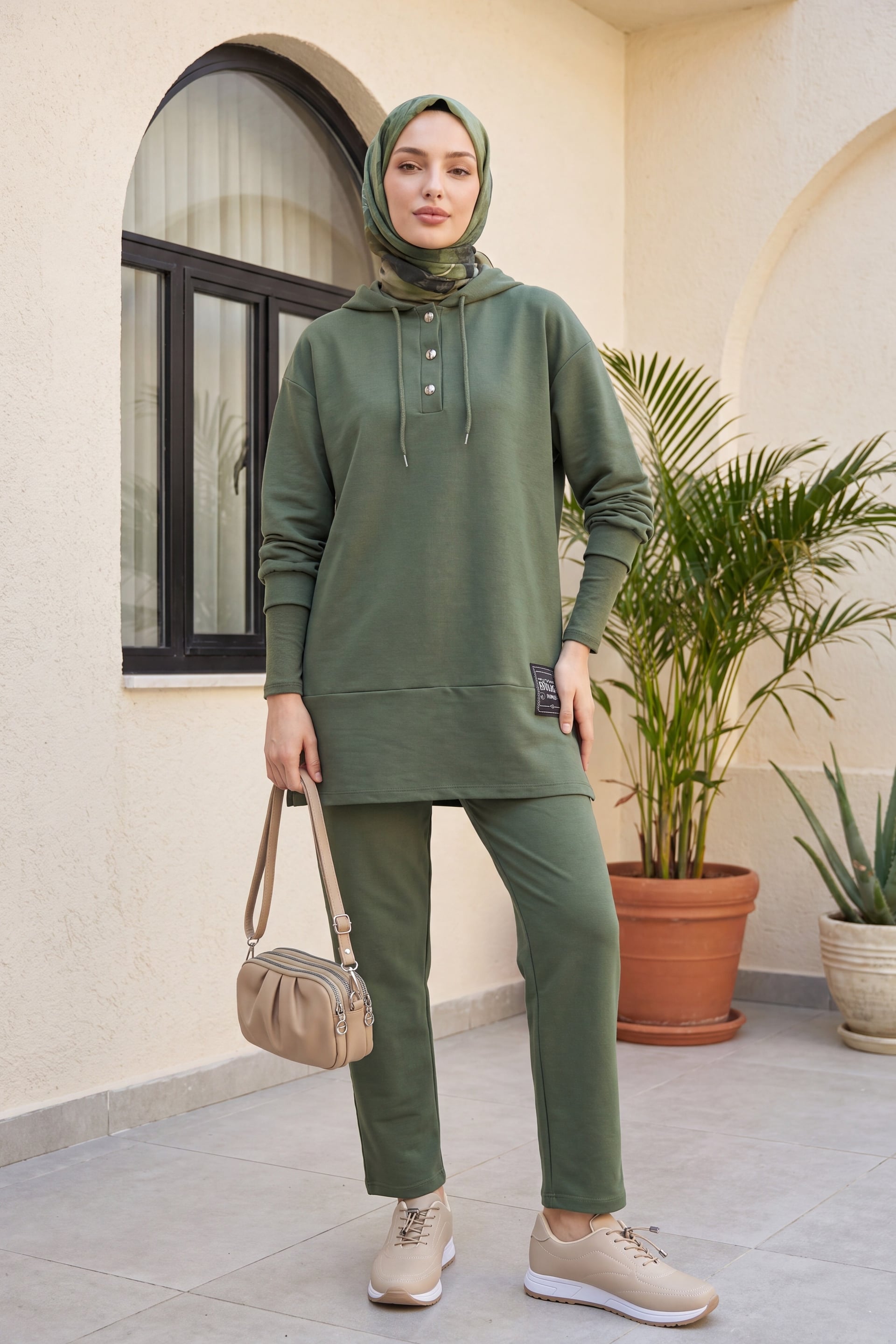 Button-Up Hooded Two-Piece Cotton Set in Olive Green - Podyumplus - by Peralane - photo 3