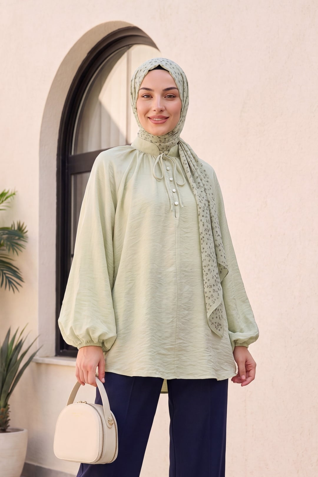 Women's Oversize Voile Tunic and Headscarf Set in Sage Green with Tie Neckline - Podyumplus - by Peralane