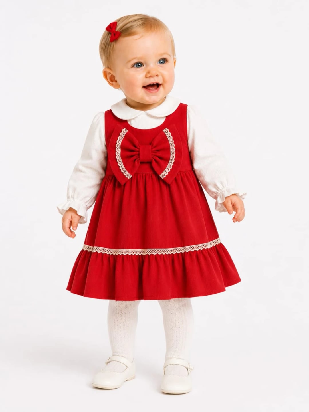 Red Corduroy Pinafore Dress Set with Lace Trim for Baby Girls - Serkon Baby - by Peralane