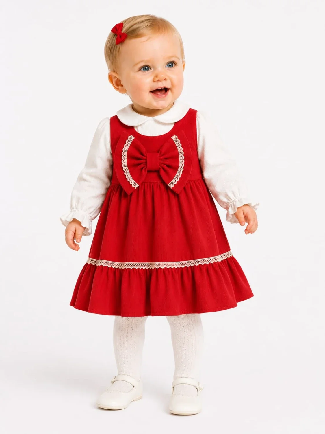 Red Corduroy Pinafore Dress Set with Lace Trim for Baby Girls - Serkon Baby - by Peralane