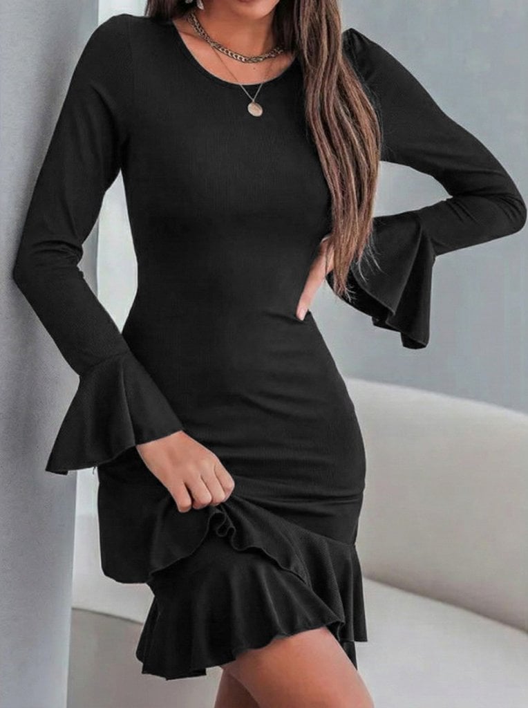 Women's Long Sleeve Round Neck Bell Sleeve Ruffle Hem Ribbed Knit Mini Dress in Black - Janes - by Peralane - photo 3