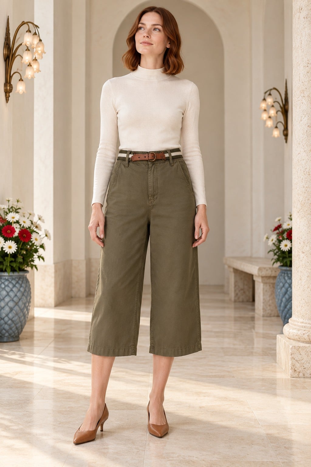 High-Waist Wide-Leg Cropped Trousers with Belt Loops in Olive Green - Xlove - by Peralane