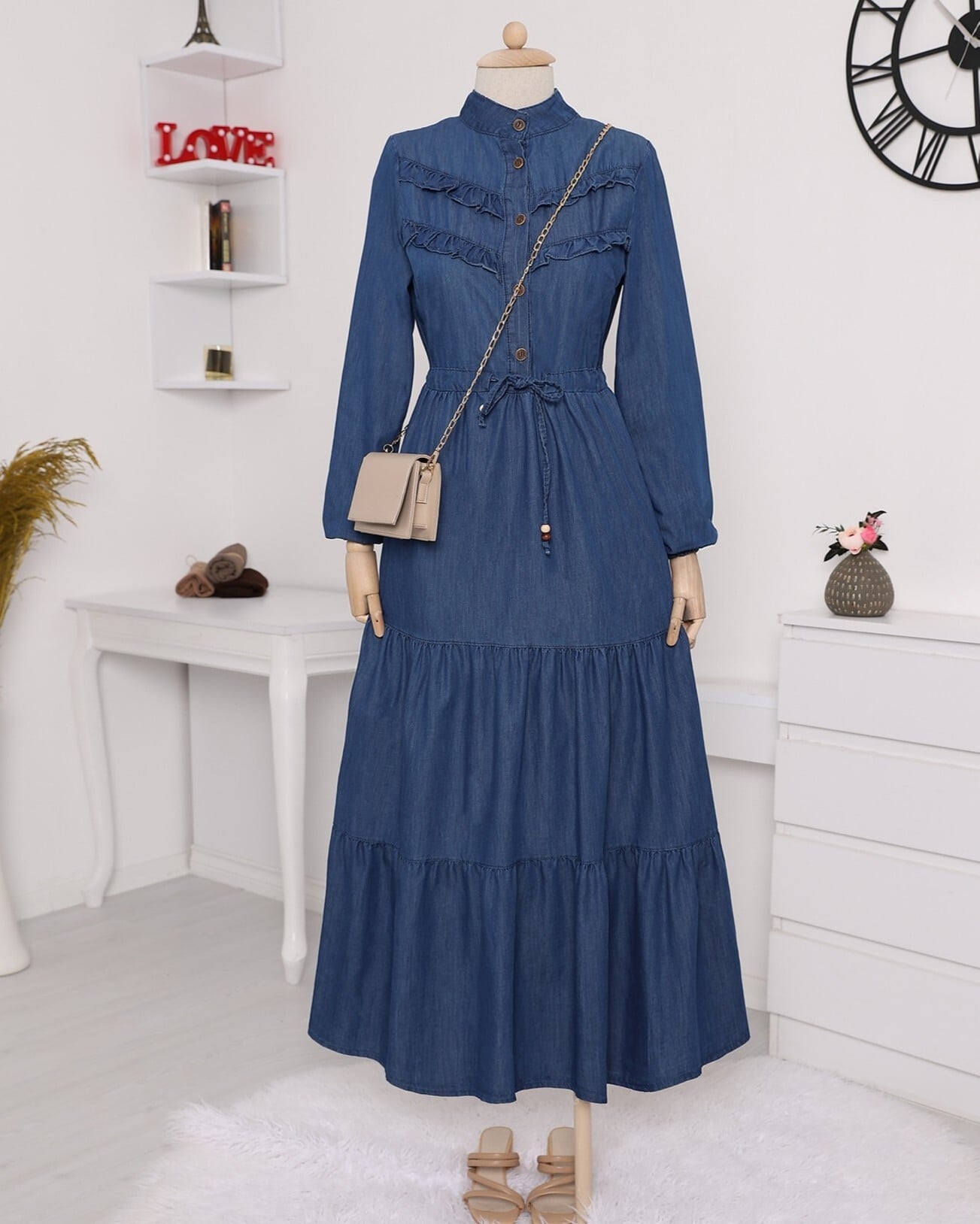 Half-Button Tiered Ruffle Denim Dress - Indigo - Podyumplus - by Peralane - photo 4
