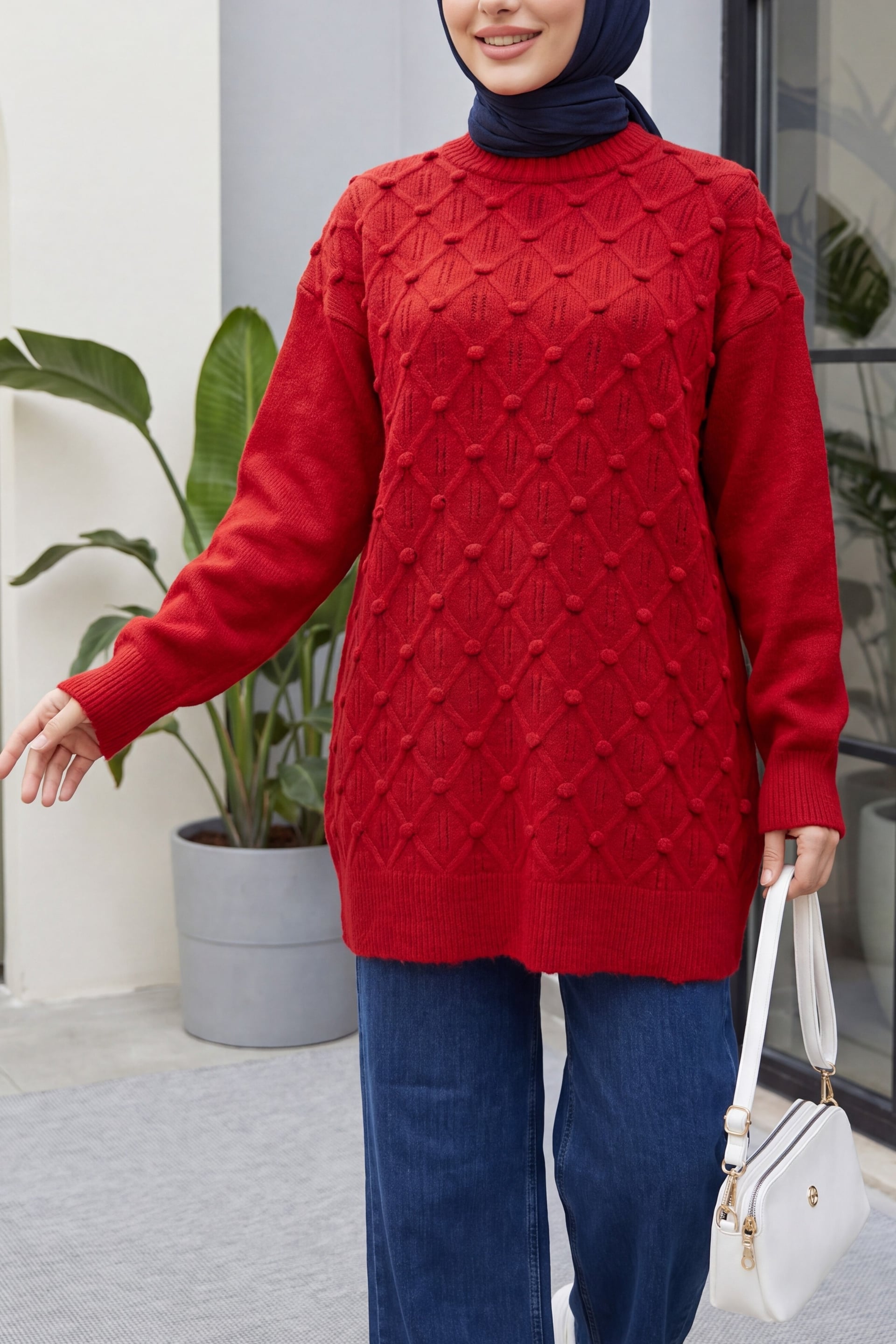 Red Checkered Relaxed Knit Tunic with Bicycle Neck and Pom-Pom Details - Podyumplus - by Peralane