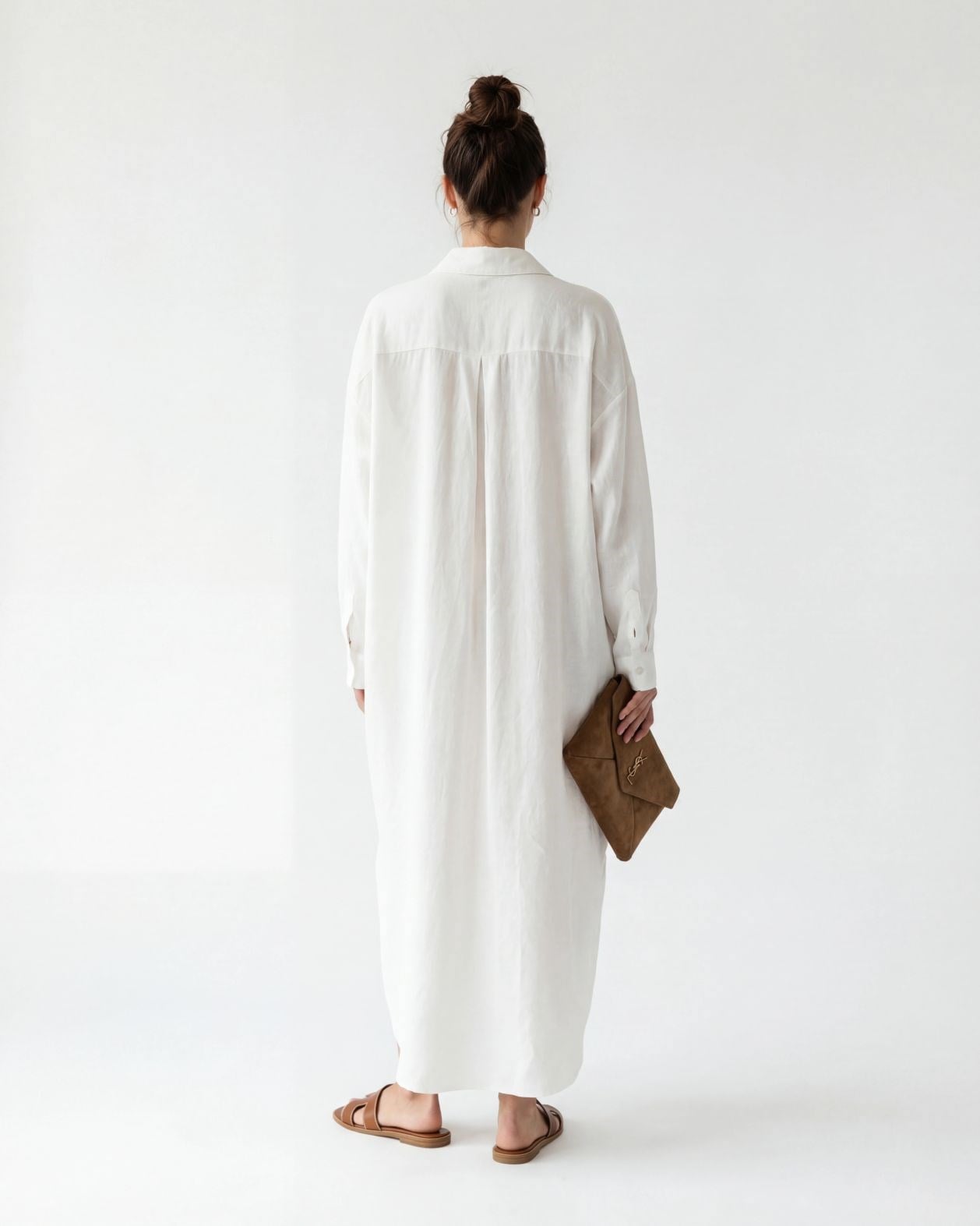 White Linen Blend Long Shirt Dress with Embroidered Pocket - Fame - by Peralane - photo 5