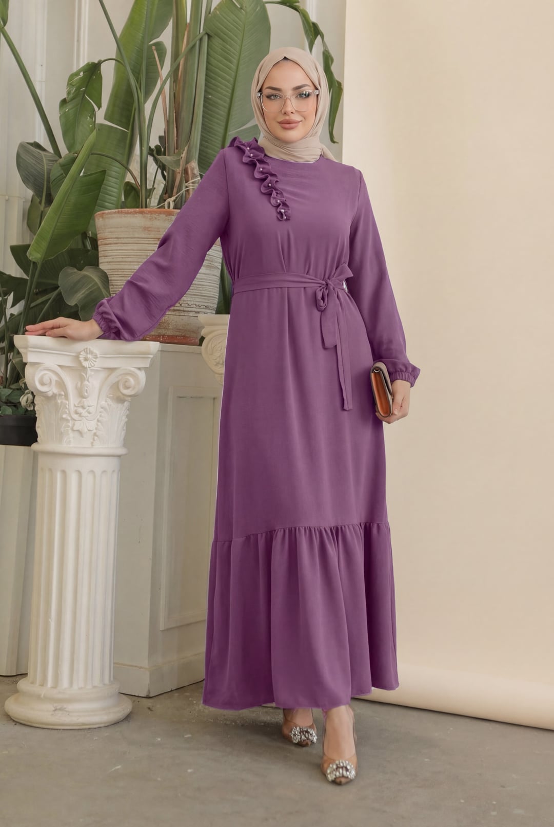 Ruffled Stone-Detailed Tiered Belted Ayrobin Dress - Cherry - Podyumplus - by Peralane - photo 2