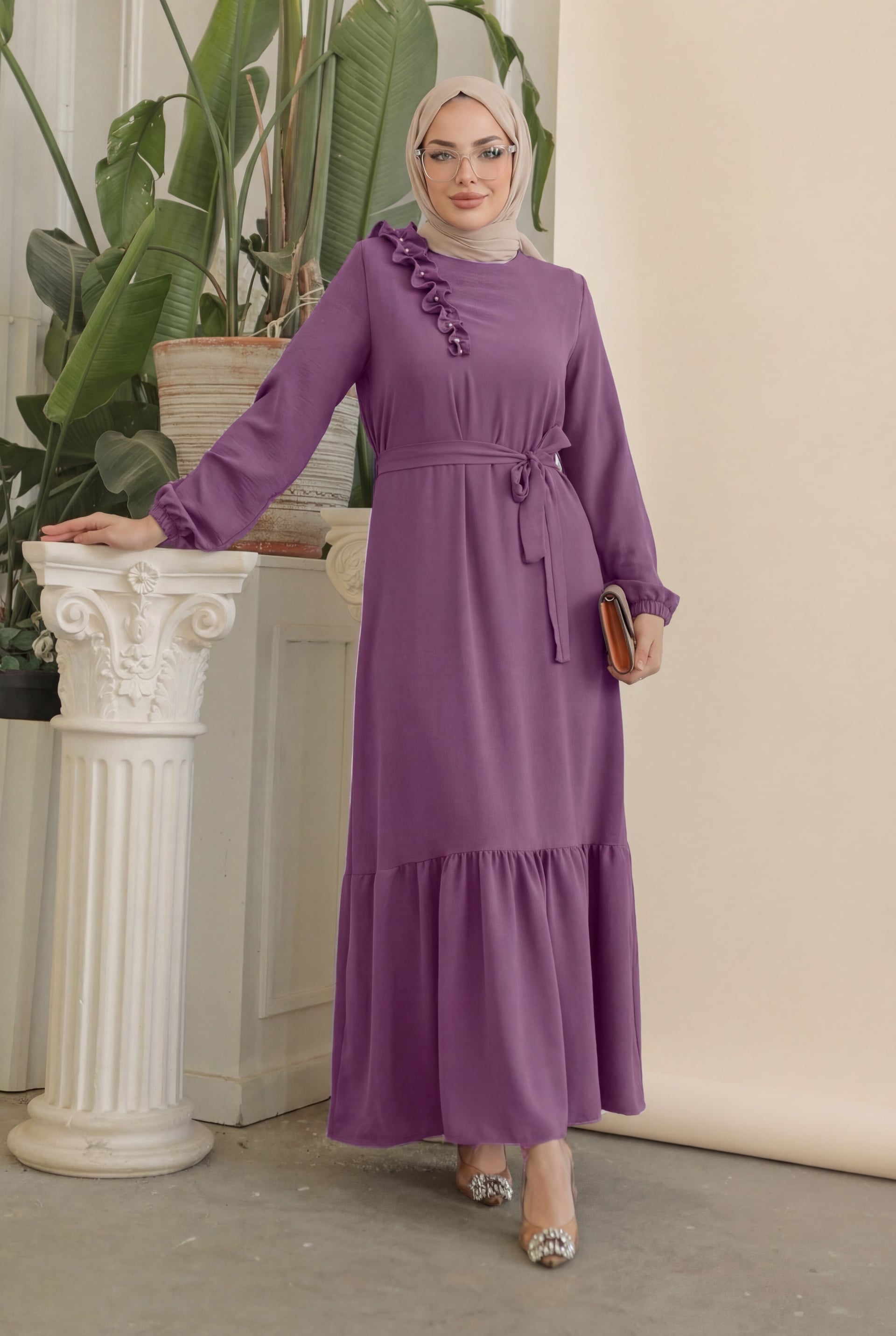 Ruffled Stone-Detailed Tiered Belted Ayrobin Dress - Cherry - Podyumplus - by Peralane - photo 2
