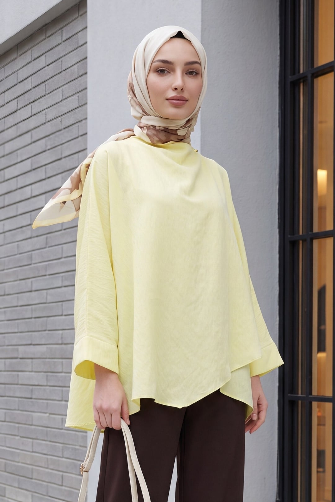 Button-Shoulder Batwing Sleeve Modal Kimono Poncho - Yellow - Podyumplus - by Peralane - photo 2