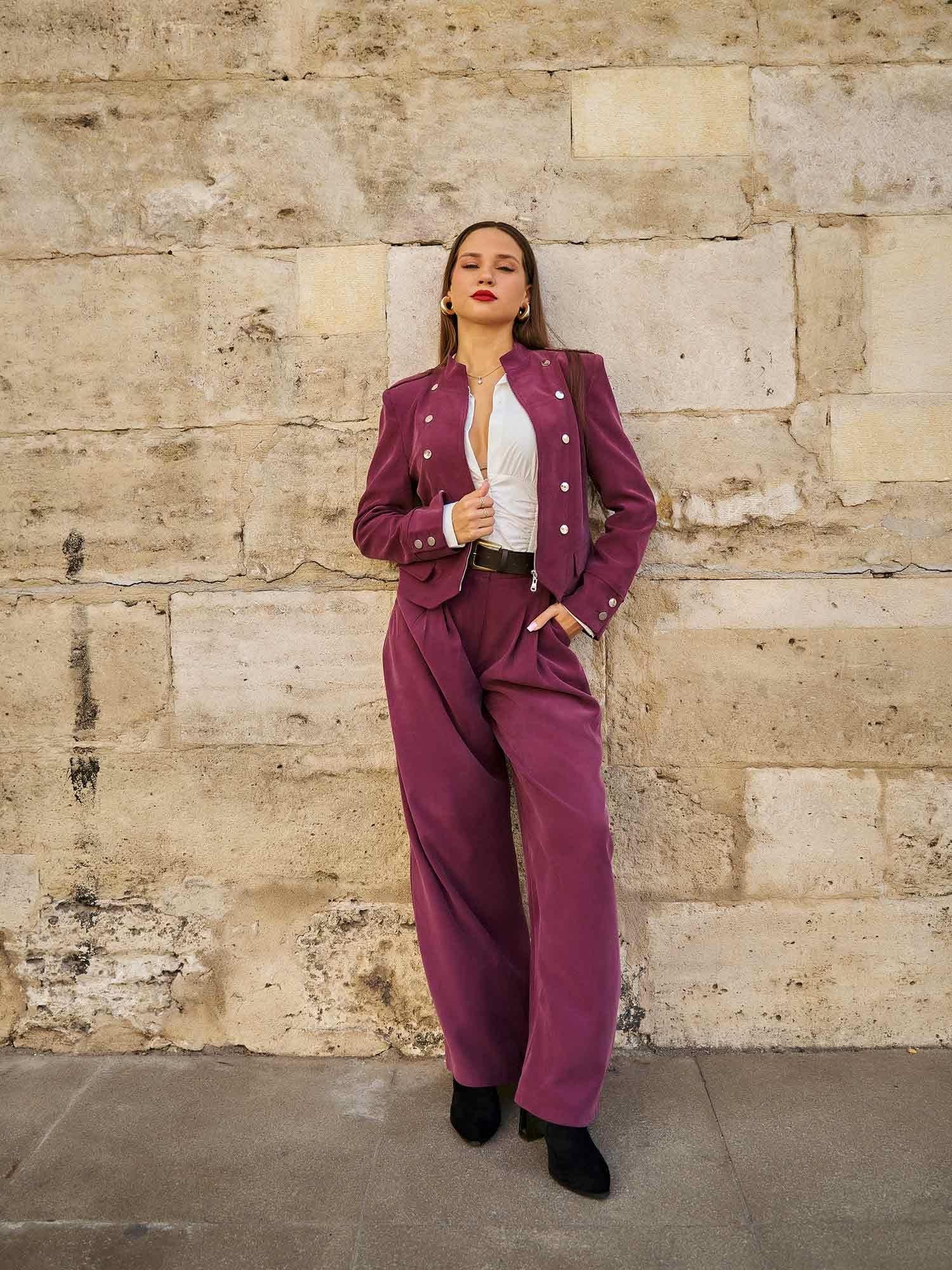 Belted Pleated Palazzo Pants in Deep Plum - Lefon - by Peralane - photo 5
