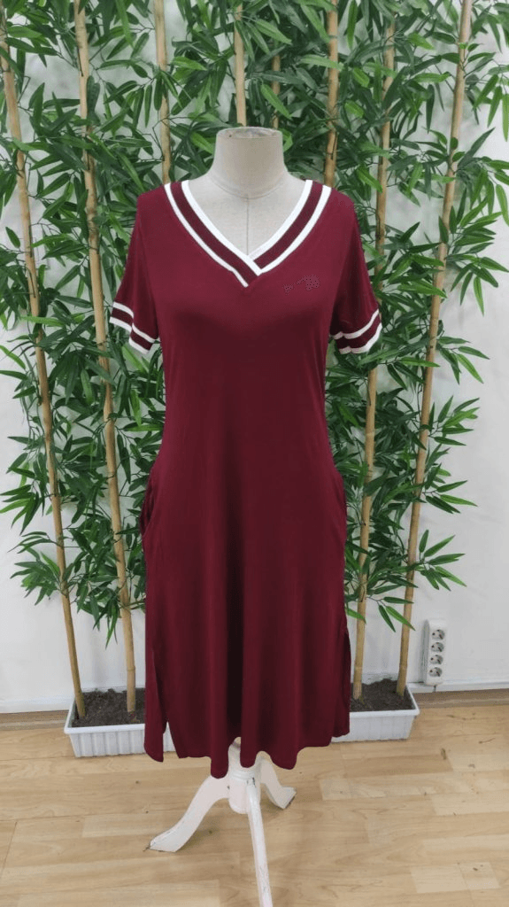 Women's Short Sleeve V-Neck Midi Viscose Dress with Ribbed Collar Detail - Janes - by Peralane - photo 4