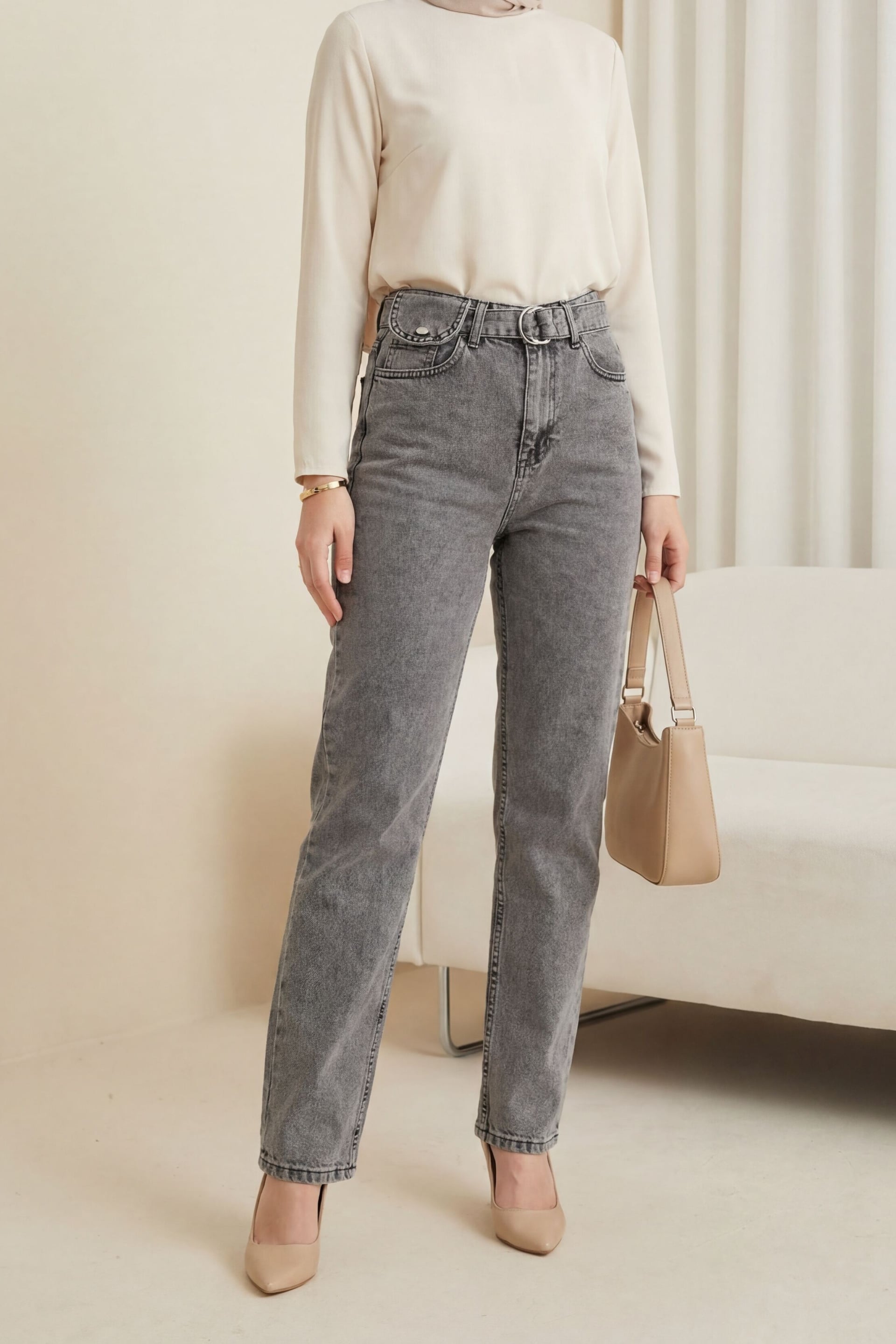 High Waist Belted Denim Trousers with Snap Detail - Smoke Grey - Podyumplus - by Peralane - photo 5