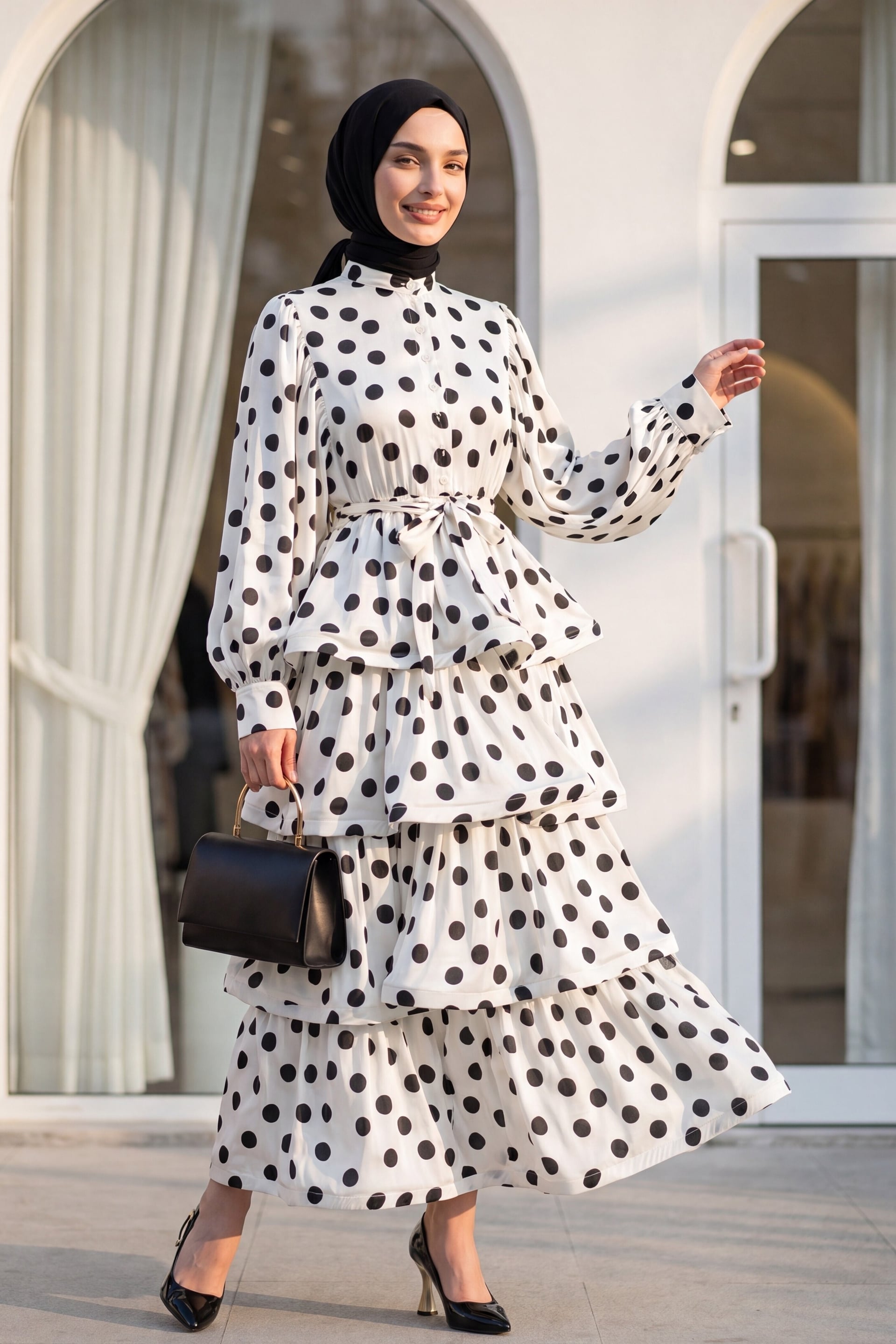 Polka Dot Tiered Button Belted Batwing Sleeve Satin Dress - White - Podyumplus - by Peralane