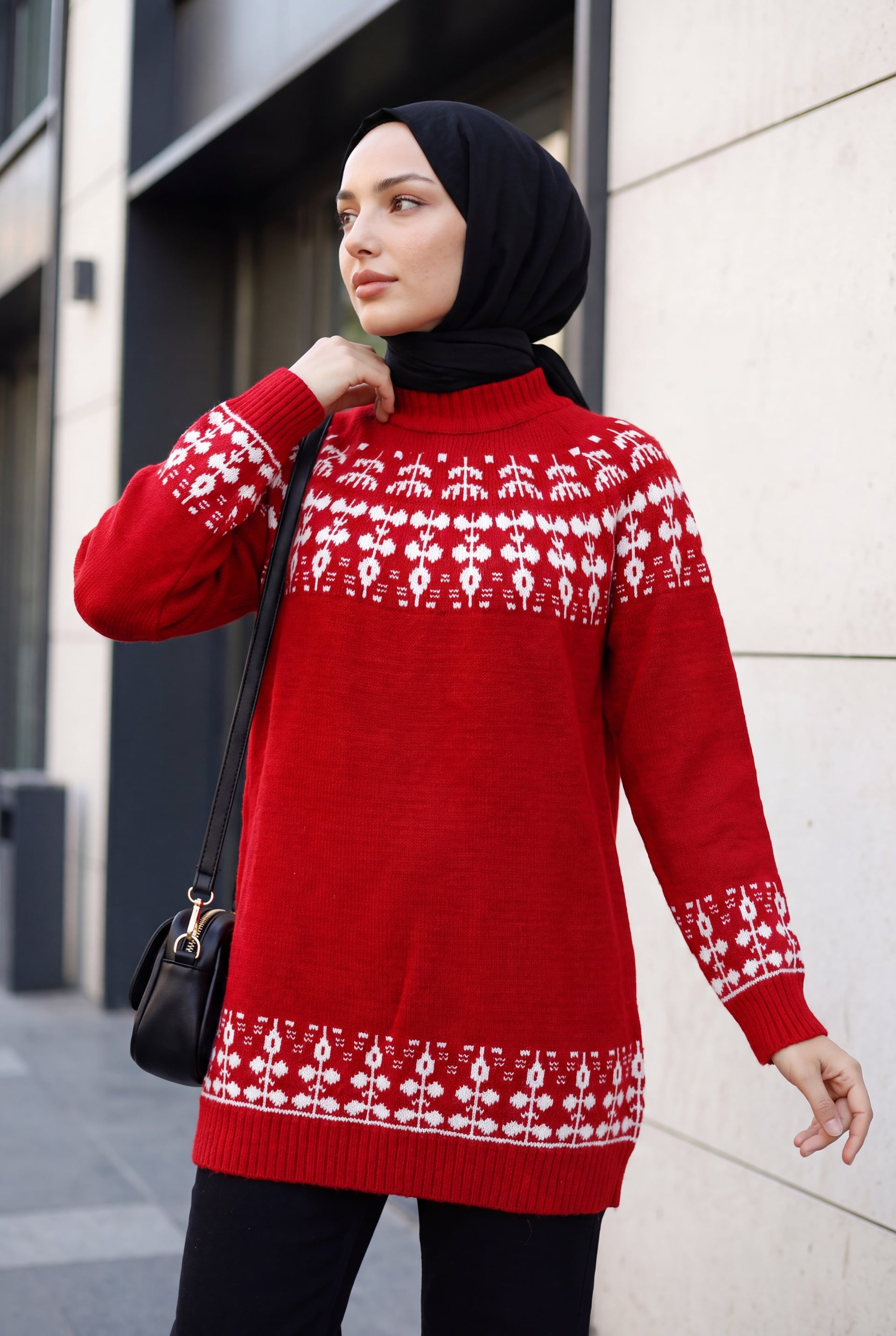 Half-Collar Patterned Knit Tunic - Red - Podyumplus - by Peralane - photo 2