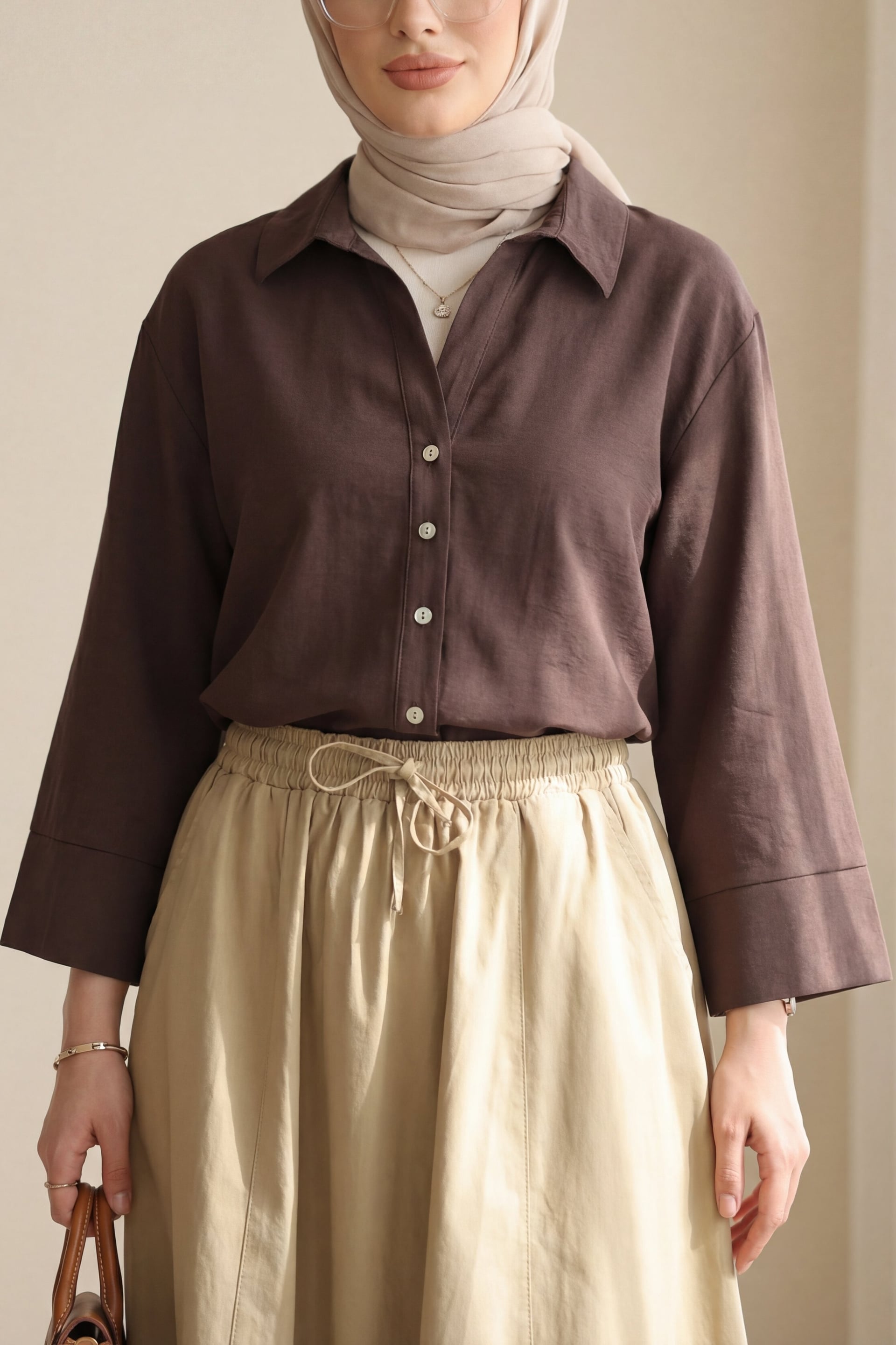 V-Neck Buttoned Half-Sleeve Modal Blouse - Dark Brown - Podyumplus - by Peralane