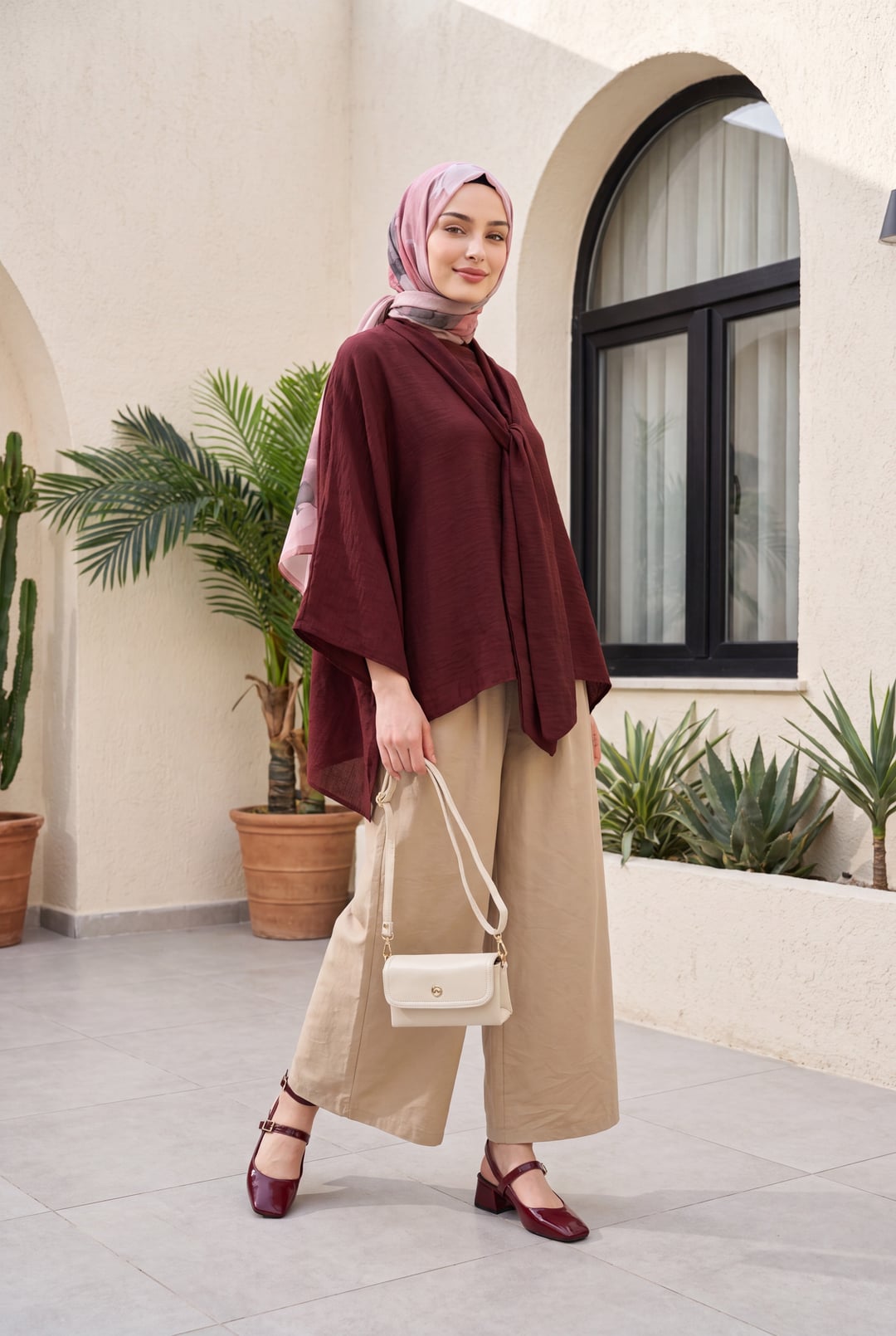 Long Back Belted Relaxed Poliviscose Tunic - Dark Plum - Podyumplus - by Peralane - photo 3
