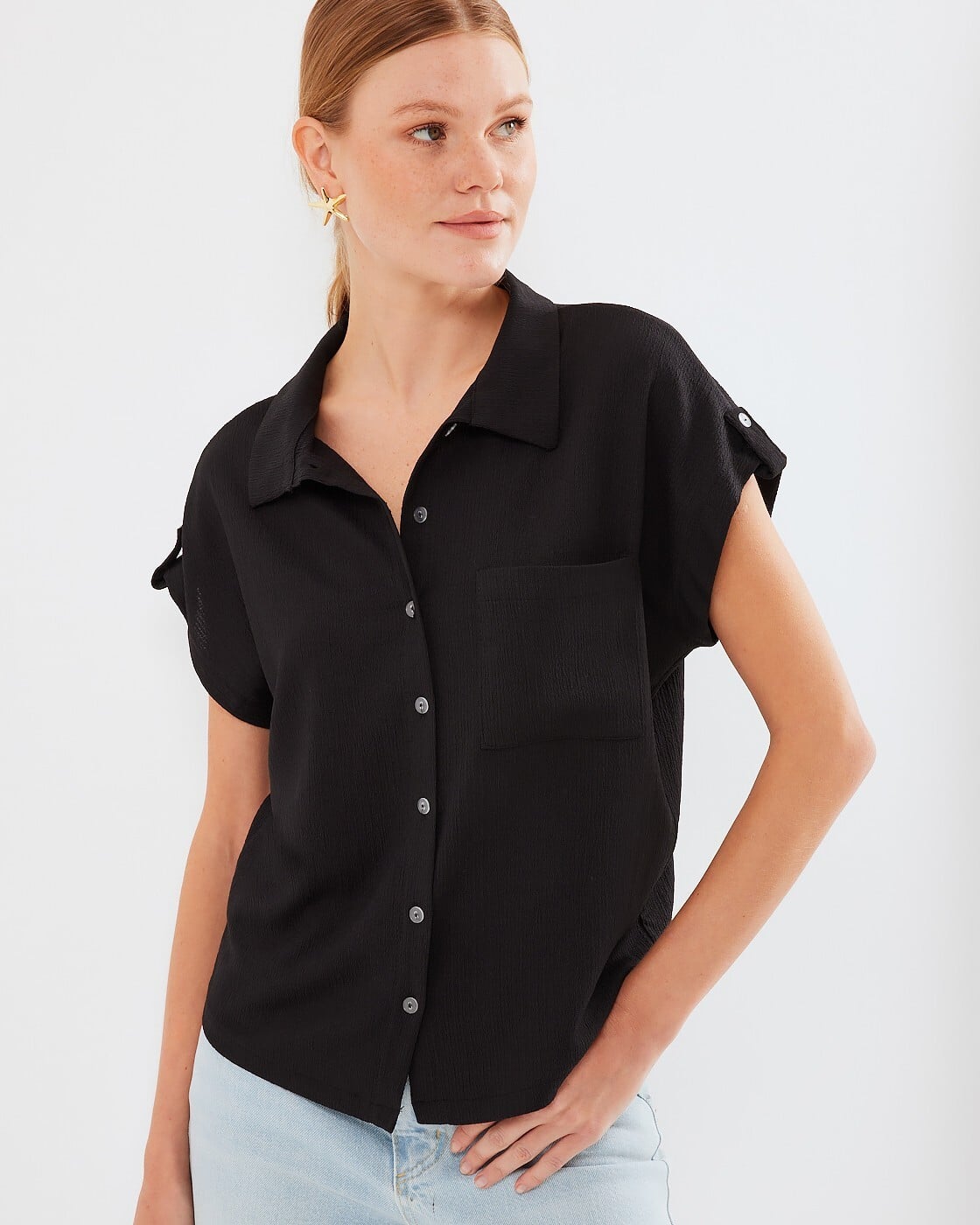 20256 Short-Sleeve Textured Blouse with Cuff Detail - Black - Bigdart - by Peralane