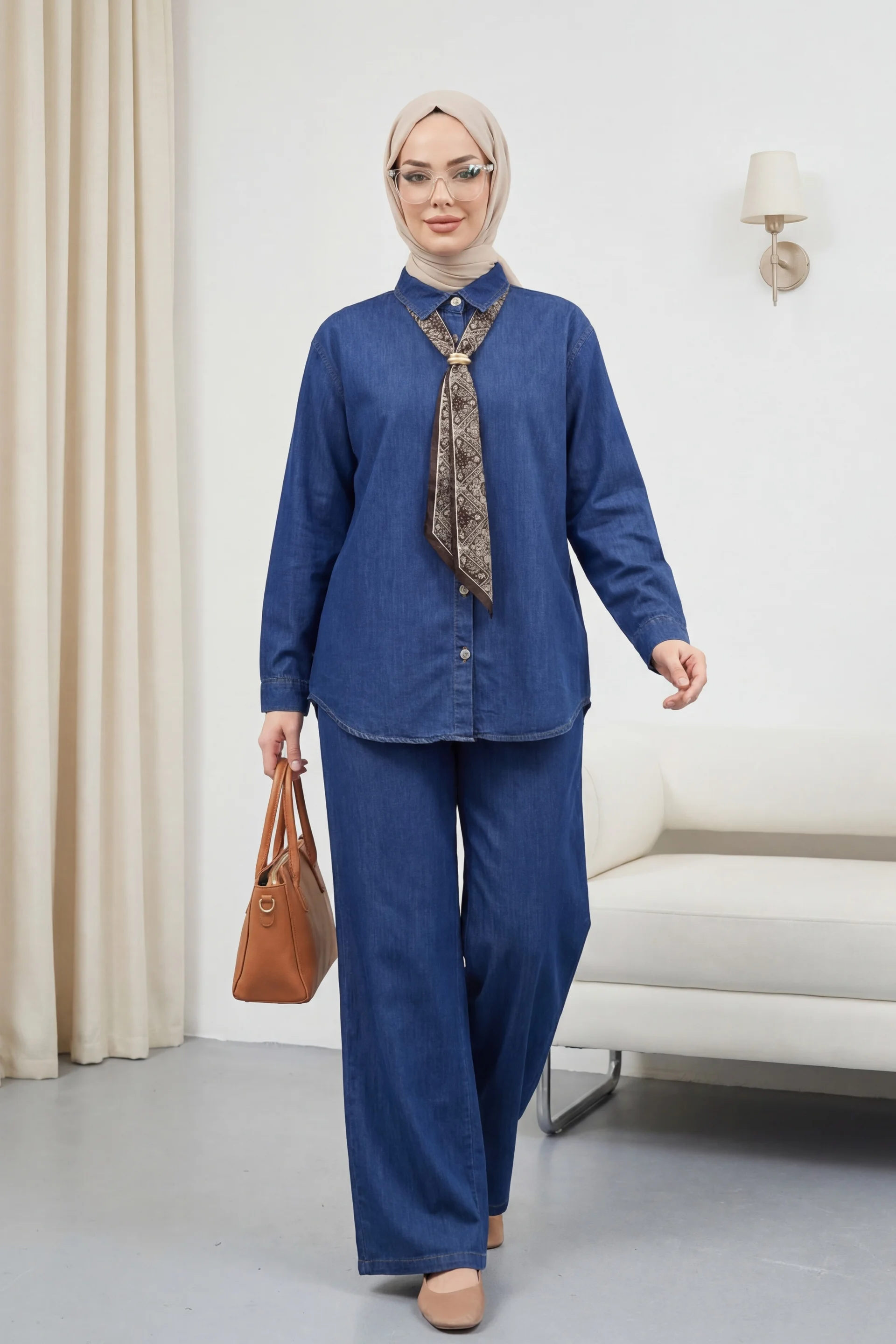 Indigo Tencel Denim Two-Piece Set with Brooch and Stone Details for Women - Podyumplus - by Peralane