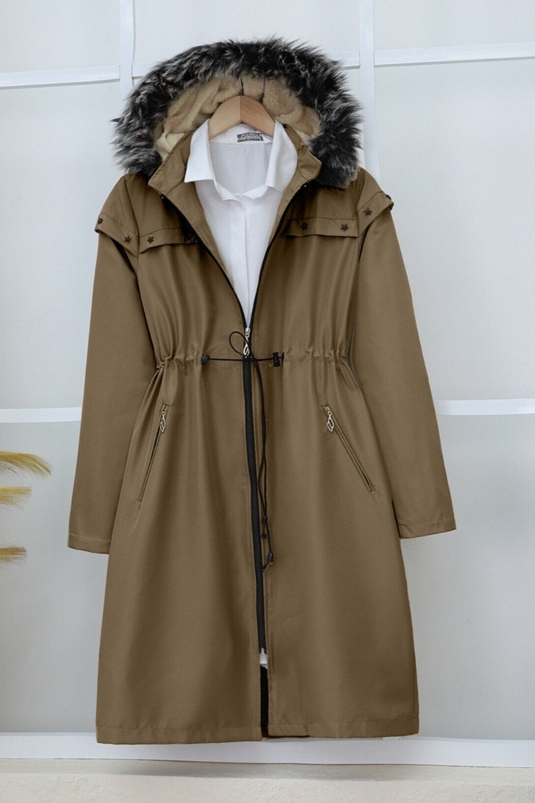 Women's Khaki Parka with Detachable Hood and Star Metal Details - Podyumplus - by Peralane - photo 5
