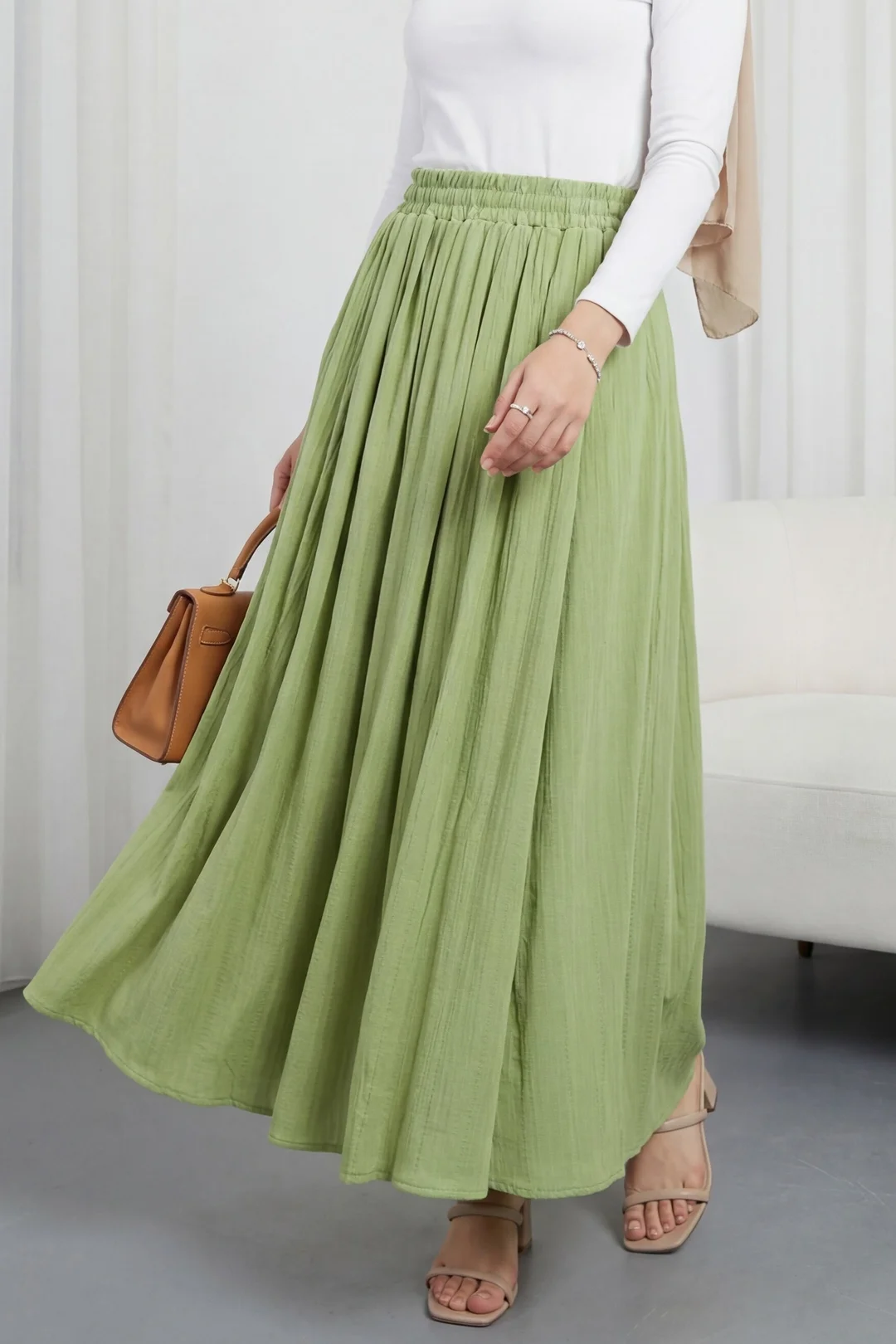 Elastic Waist Lined Long Gofre Skirt - Light Green - Podyumplus - by Peralane