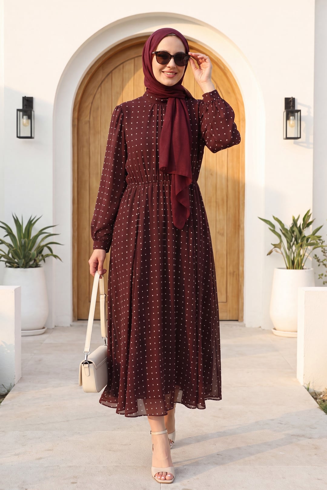 Lined Elasticated Waist Polka Dot Long Chiffon Dress - Burgundy - Podyumplus - by Peralane - photo 2