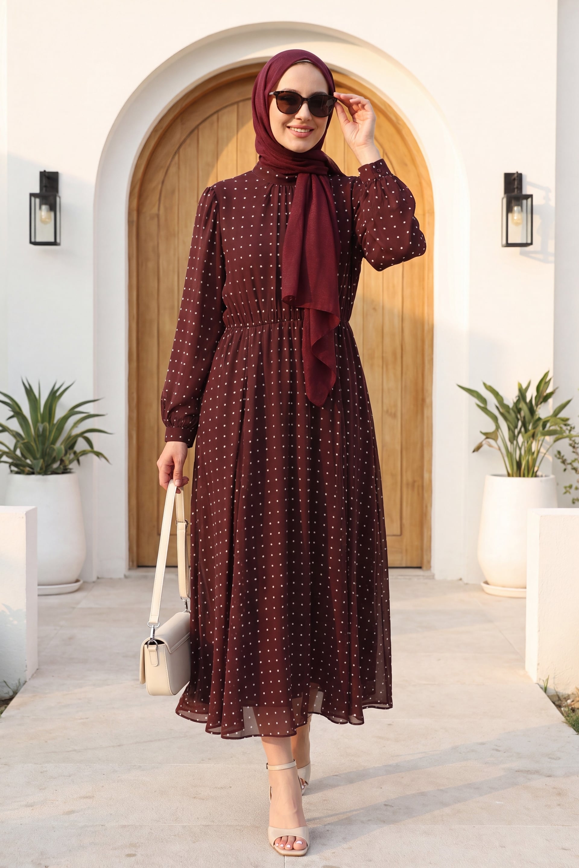 Lined Elasticated Waist Polka Dot Long Chiffon Dress - Burgundy - Podyumplus - by Peralane - photo 2