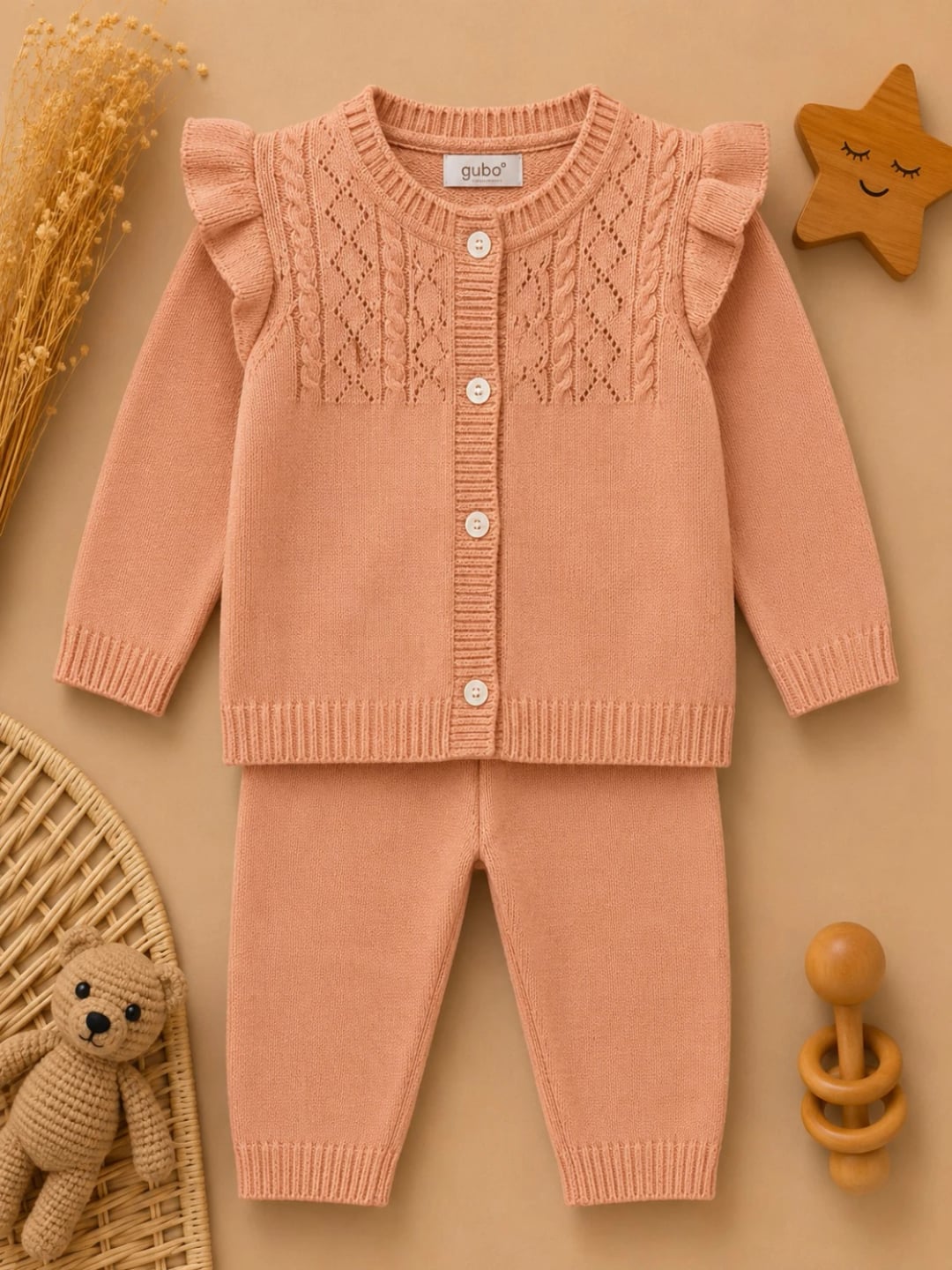 2-Piece Knitted Baby Set - Cardigan and Trousers in Peach Orange - Has Bereket - by Peralane