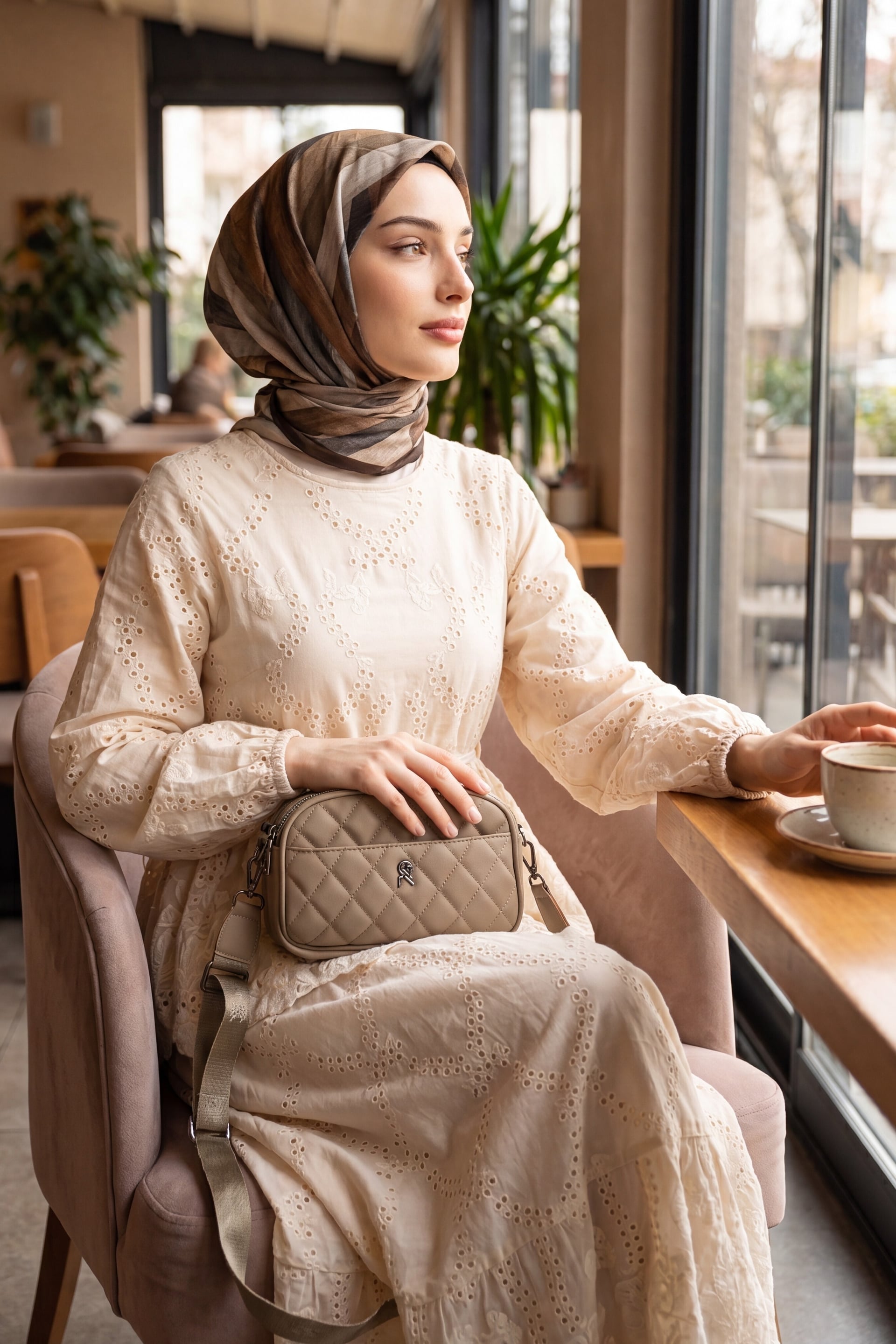 Elastic Sleeve Belted Eyelet Lined Linen-Look Two-Piece Set - Beige - Podyumplus - by Peralane - photo 4