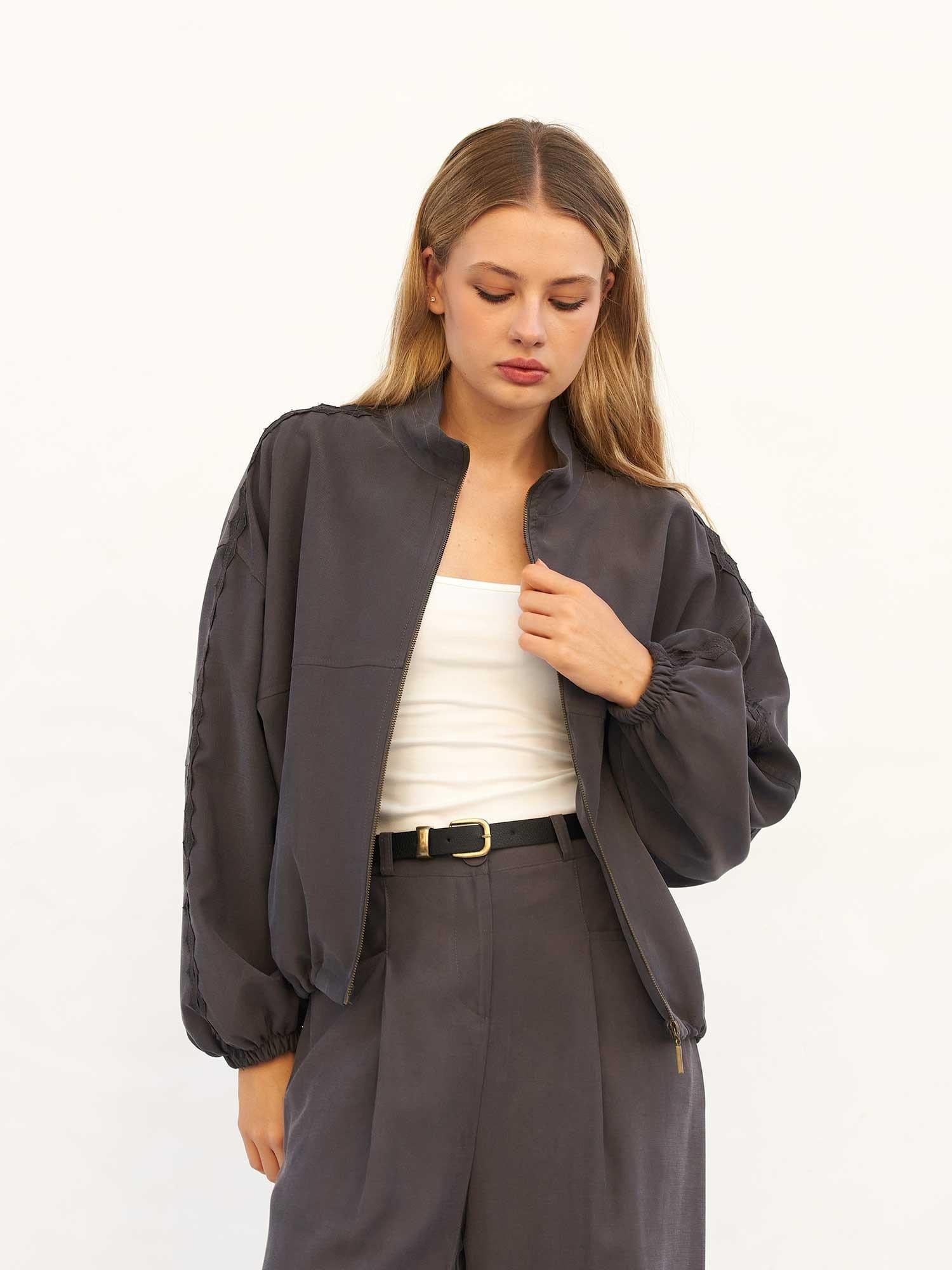 Dark Grey Zip-Up Long Sleeve Jumpsuit with Drawstring Waist - Lefon - by Peralane - photo 2