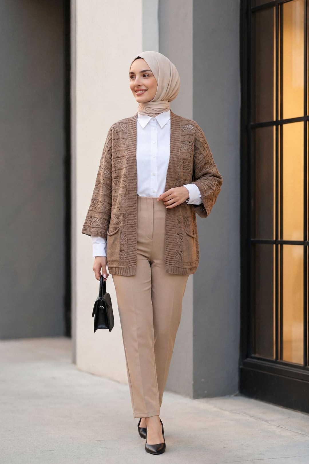 Open-Front Textured Knit Cardigan with Pockets - Light Brown - Podyumplus - by Peralane - photo 4