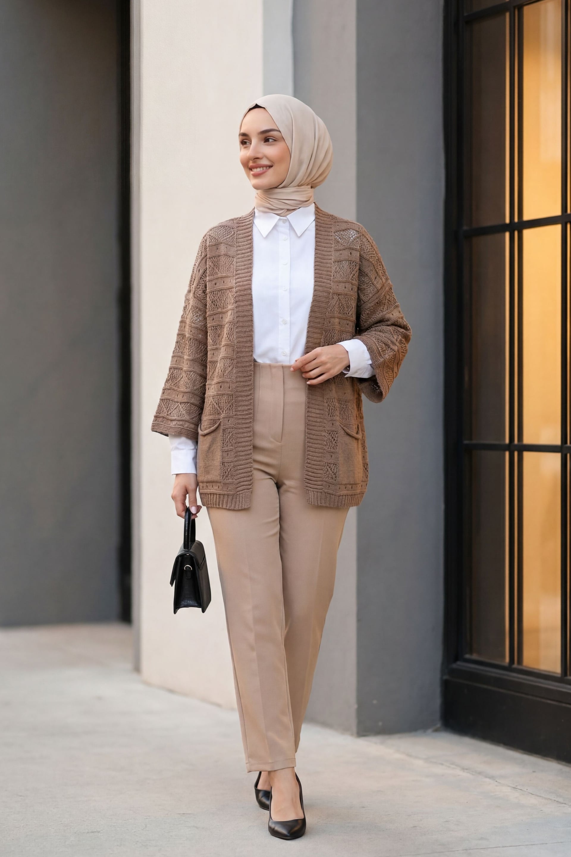 Open-Front Textured Knit Cardigan with Pockets - Light Brown - Podyumplus - by Peralane - photo 4